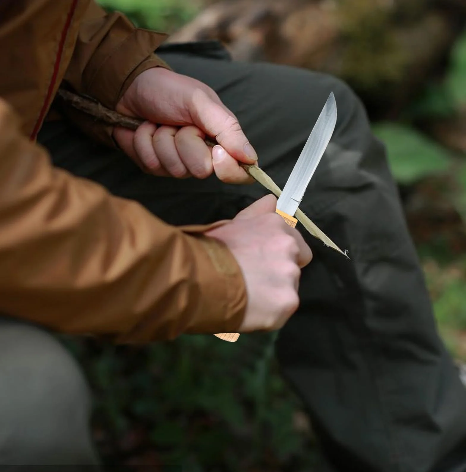 Cuchillo de caza 2 en 1 para exteriores, cuchillo de caza con vaina, 18,5 cm, cuchillo de caza doble, cuchillo profesional para exteriores con mango de madera para actividades al aire libre