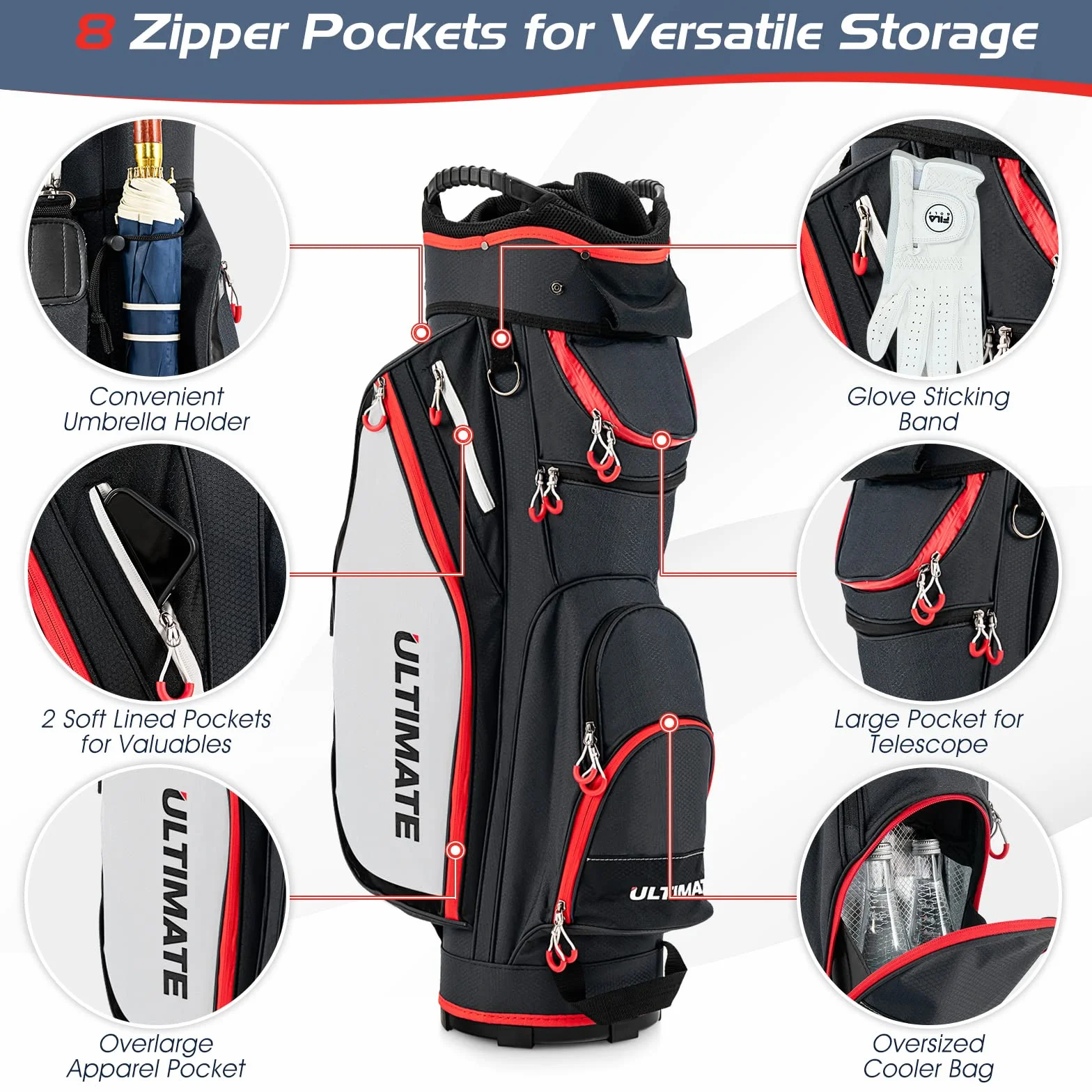 LIFEZEAL Bolsa de Golf con Funda para Lluvia, Bolsa de Carro para Palos de Golf con 14 Divisores y 8 Bolsillos, Funda de Golf con Cremallera Bolsa Térmica, Funda para Palos de Golf