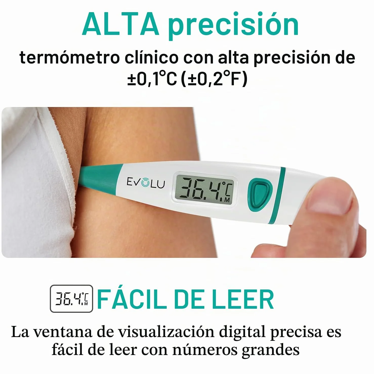 Evolu Termómetro digital oral rectal axilar 10 segundos punta flexible bebés niños adultos exactitud 0,1°C pantalla fácil lectura funda