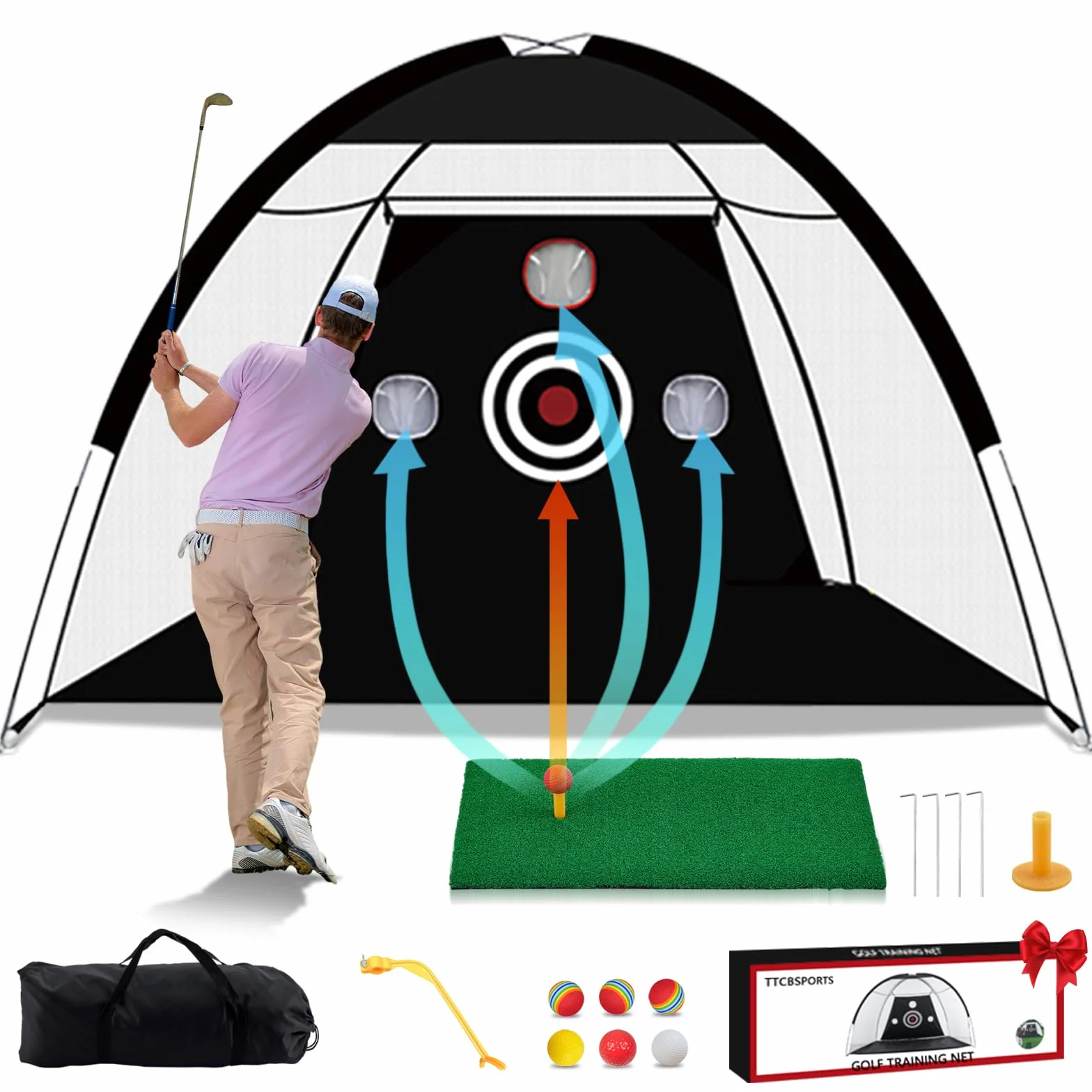 TTCB Sports Golf Practice Net 10x7ft for Garden, Golf Hitting Net for Backyard Driving, Chipping Nets and Mat Indoor/Outdoor - GolfNet Simulator for Home, Gift for Men/Dad