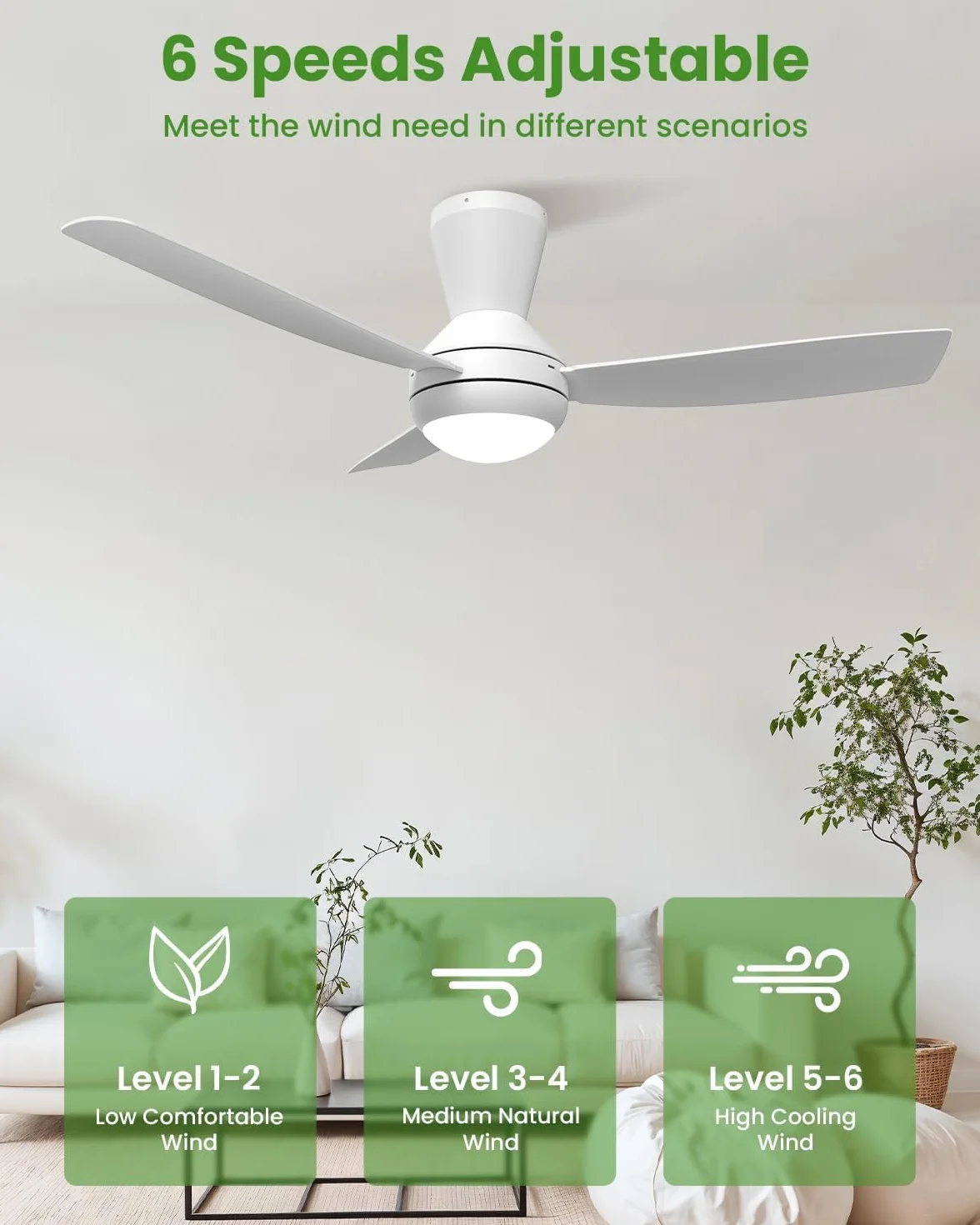 Airwit Ventilador de Techo 106cm con Luz LED Regulable, 3 Aspas, Silencioso, Mando, 6 Velocidades, Blanco