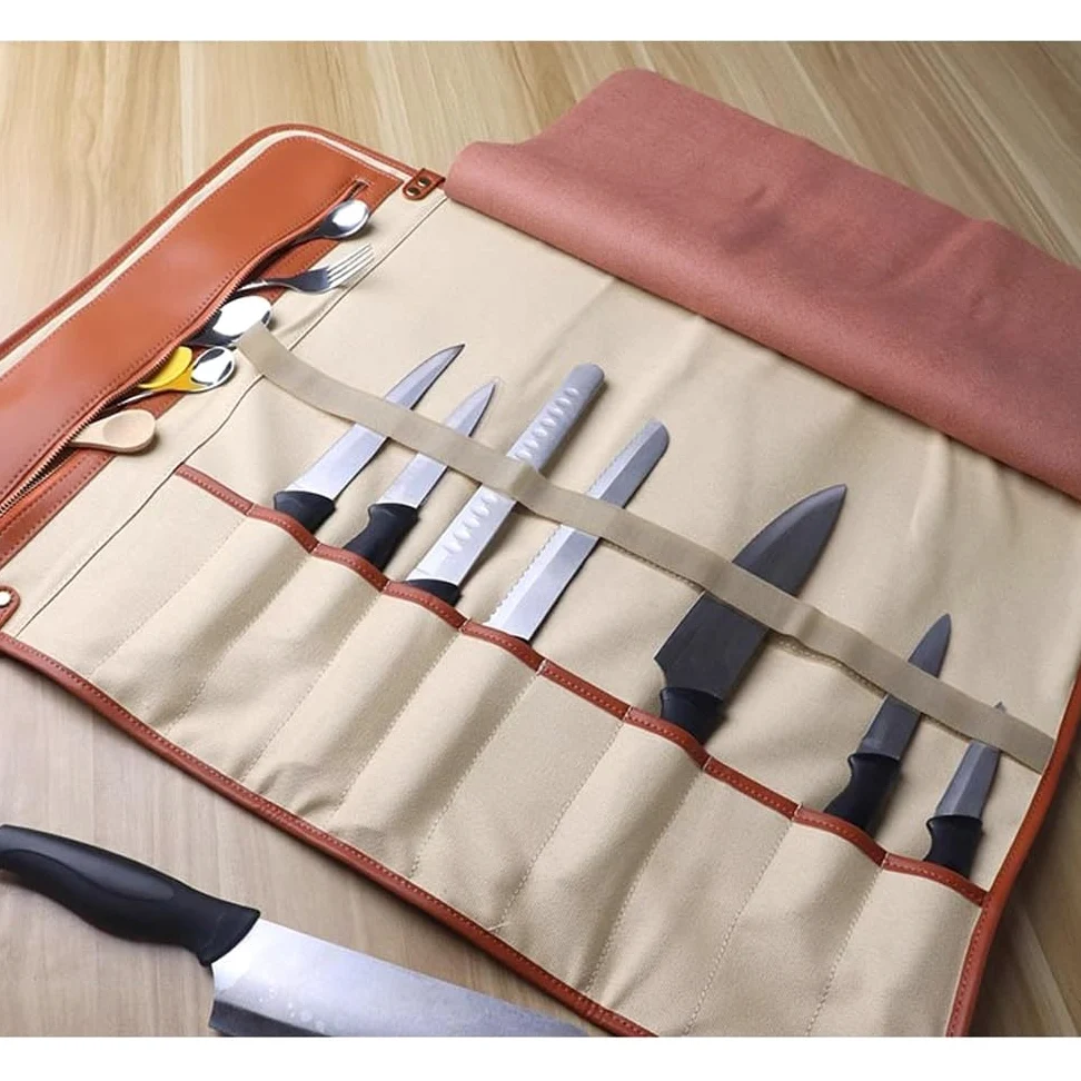 Bolsa Enrollable for Cuchillos, 10 Ranuras for Cuchillos, Funda Protectora, Bolsa Enrollable de Cuero portátil, Estuche de Chef for Acampar o Trabajar.(Brown)