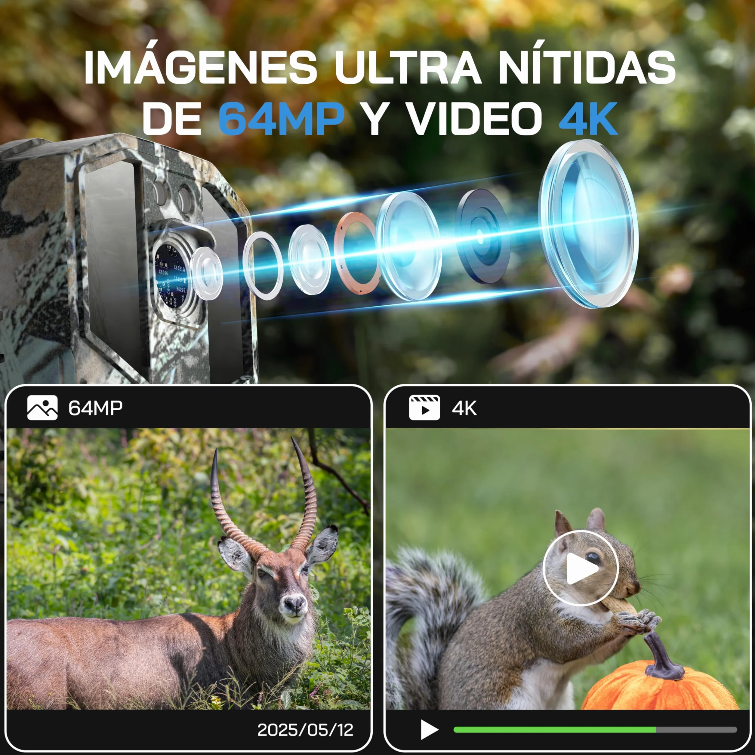 WOLFANG Cámara de Caza WiFi 4K 64MP, Camara Fototrampeo con 0.1s Velocidad de Disparo, Visión Nocturna, Diseño de Temporizadorn, IP66 para Vida Silvestre y Monitoreo de Seguridad