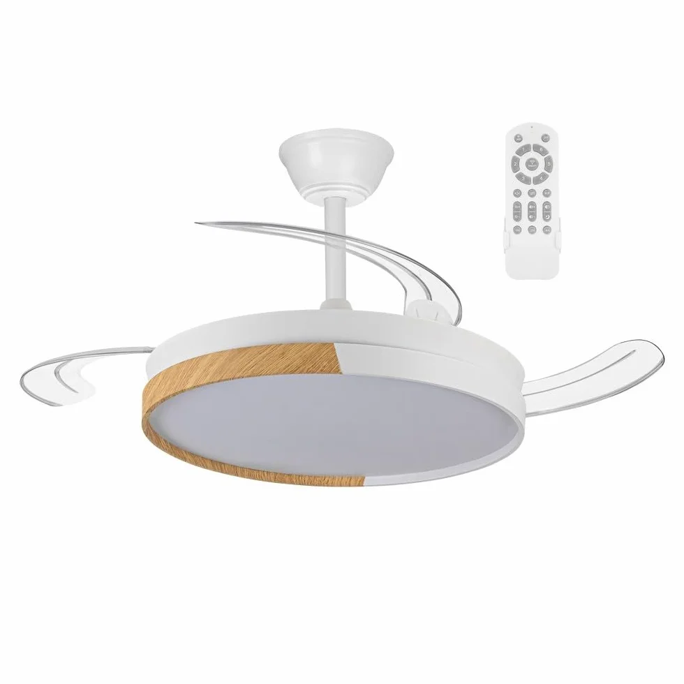 Ventilador de techo con aspas retráctiles Arpino Blanco+Madera LED 48W CCT 3000-6000K Regulable Silencioso