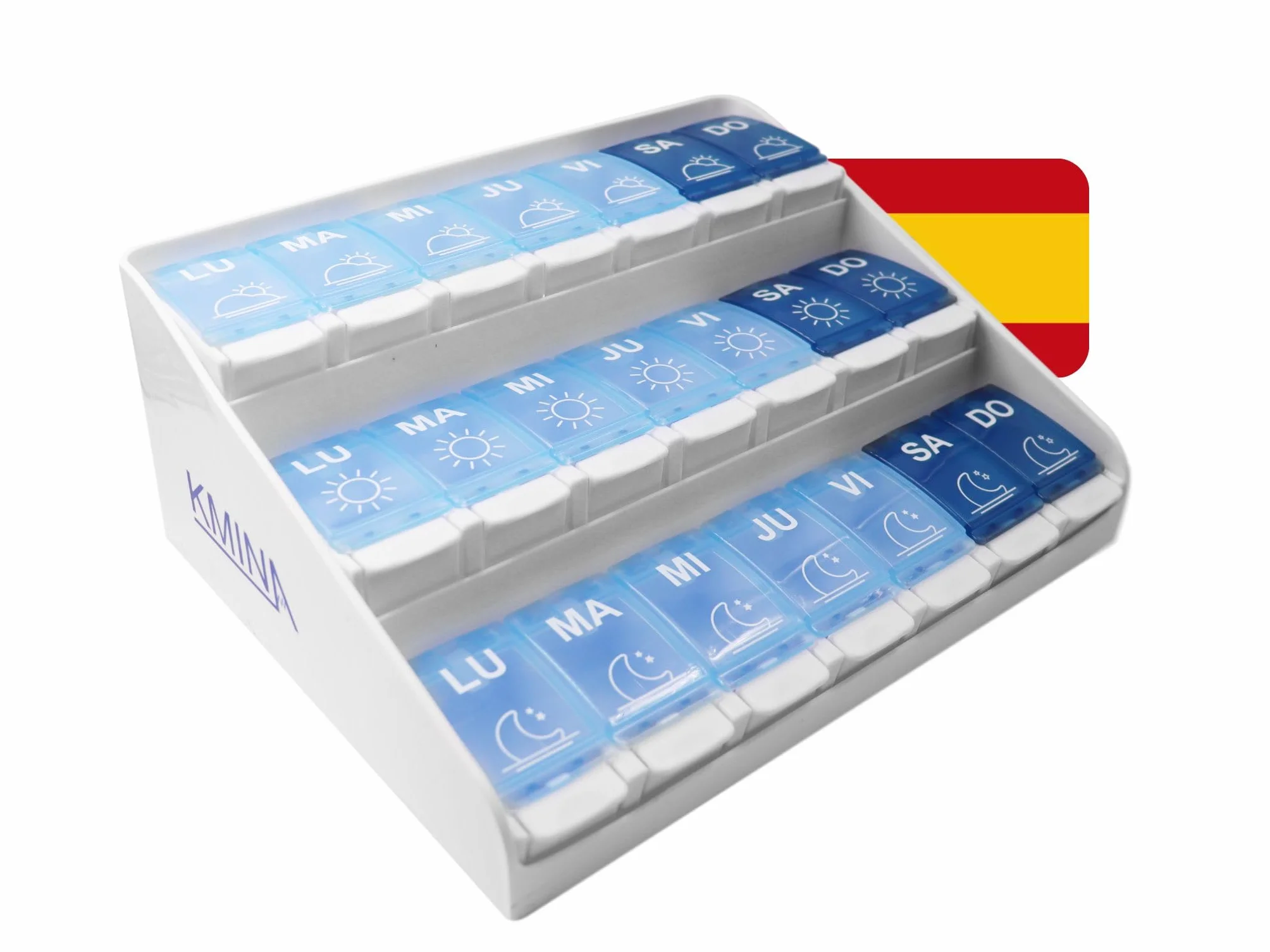 KMINA Pastillero Semanal 3 Tomas Grande Organizador de Medicamentos Patentado Fabricado en España