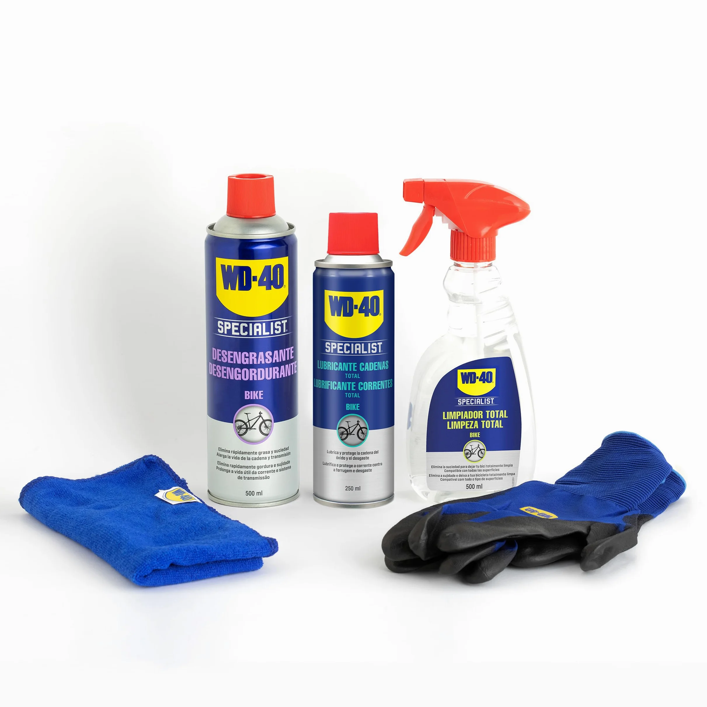 Kit Total para Mantenimiento de bicicletas WD-40 Specialist (Desengrasante + Limpiador Total + Lubricante Total + Paño + Guantes)