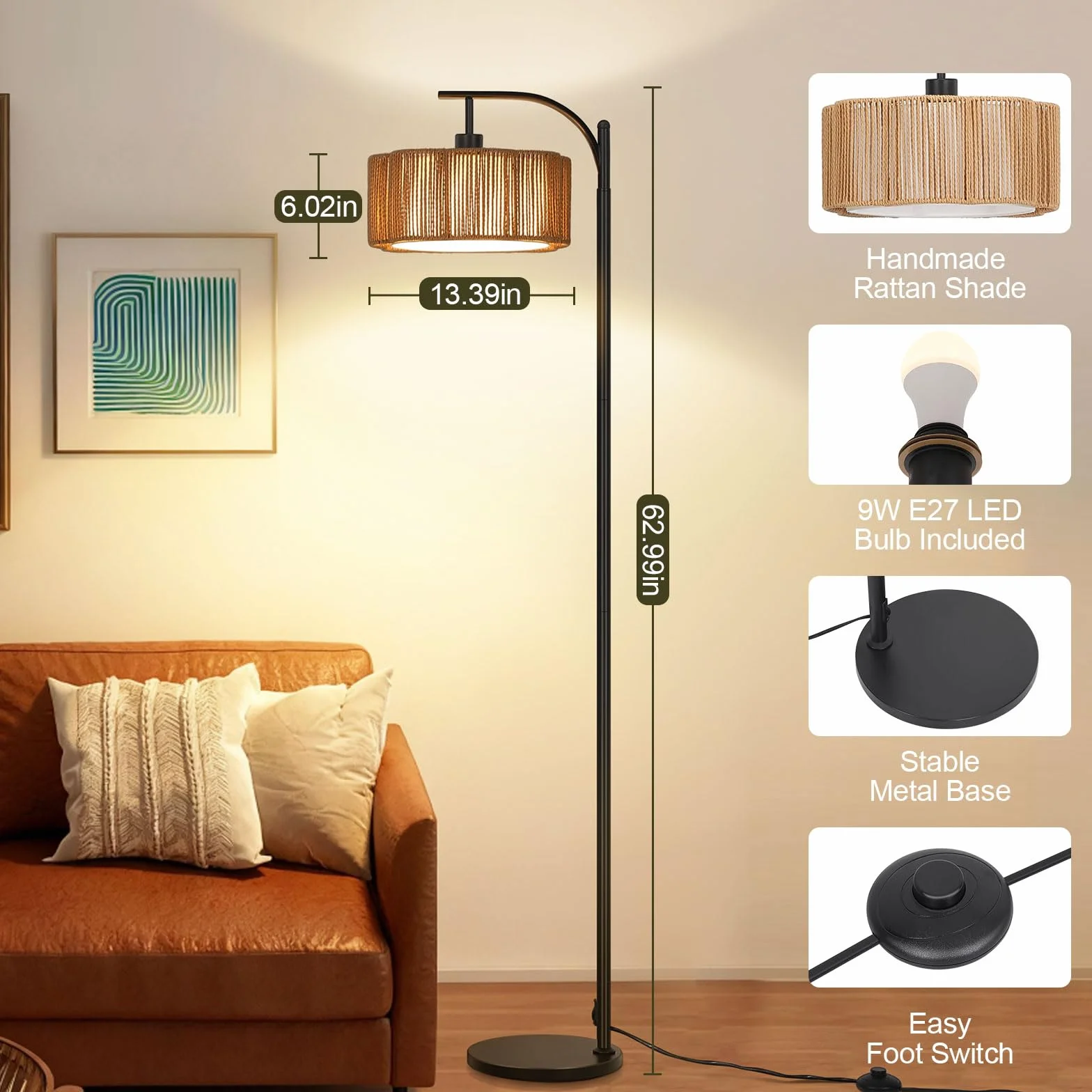 Lámpara de Pie RGB Regulable con APP y Mando, Ratán Boho Inteligente con Temporizador, Modo Música y DIY, Bombilla E27 Incluida