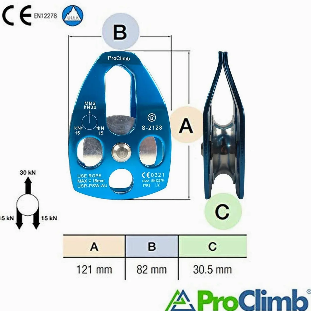 Polea de cuerda de aluminio de 30 kN con placa oscilante, certificado CE/UIAA, polea individual (azul) - Cuerda de 5/8 pulgadas