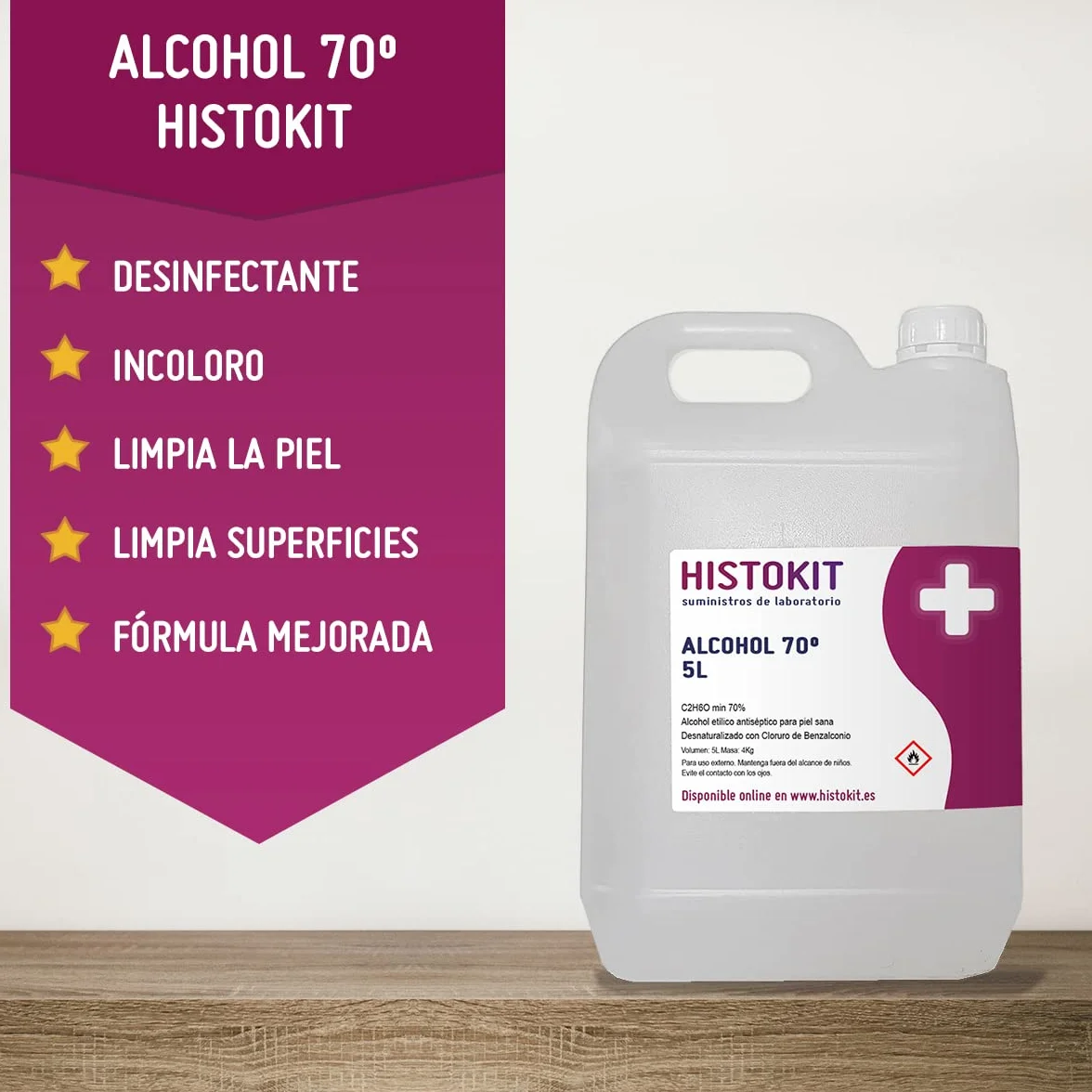 Alcohol etílico 70° antiséptico HISTOKIT 5 Litros Etanol benzalconio Desinfección piel superficies