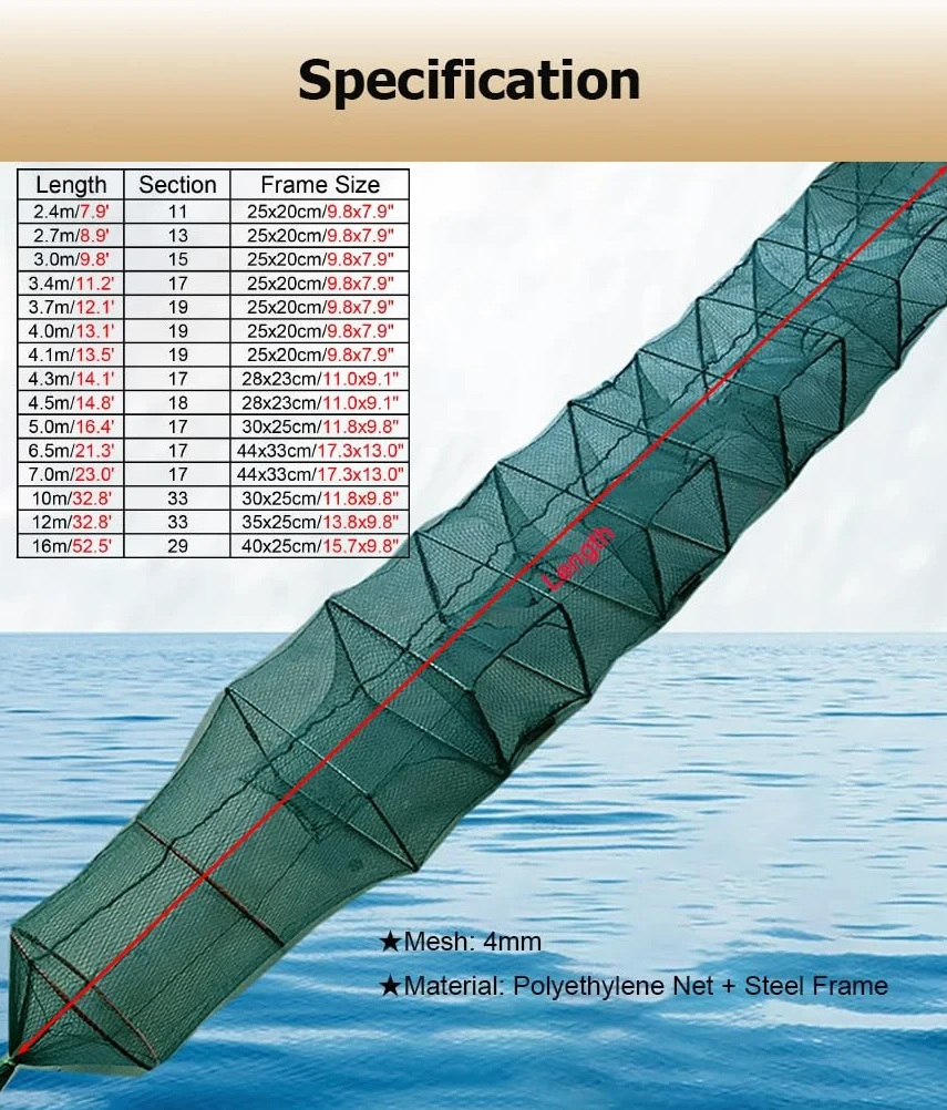 2 trampas de Cebo for camarones y cangrejos de 7,9 a 52,5 pies de Largo, trampas for Peces, Red de Pesca, Captura automáticamente más Peces fácilmente