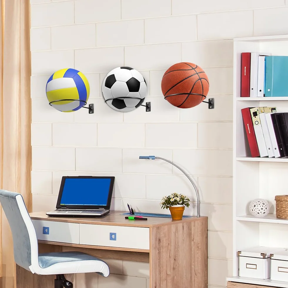 mizikuu Soporte de Pared para Balones de Exhibición, 10 Piezas Metal Soporte de Exhibición de Pelota y 20 Tornillos Universal Soporte de Pelota para Baloncesto, Fútbol, Rugby, Voleibol, Pantalla