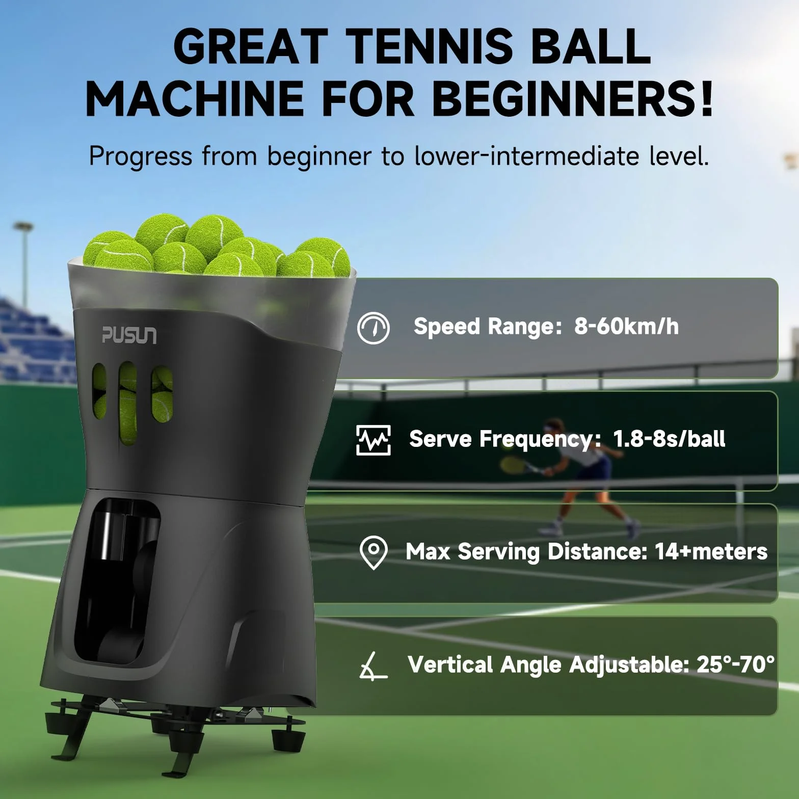 PUSUN Máquina lanzadora de pelotas de tenis niños principiantes capacidad 65 pelotas doble control aplicación control remoto batería 3-5 horas