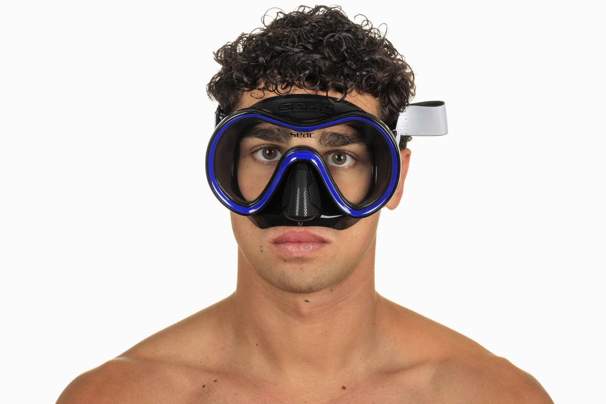 SEAC Sunrise máscara de Buceo y Snorkel de una Sola Cara de Vidrio Templado con Hebilla 3D, con Casco de Tela o Silicona, Unisex Adulto