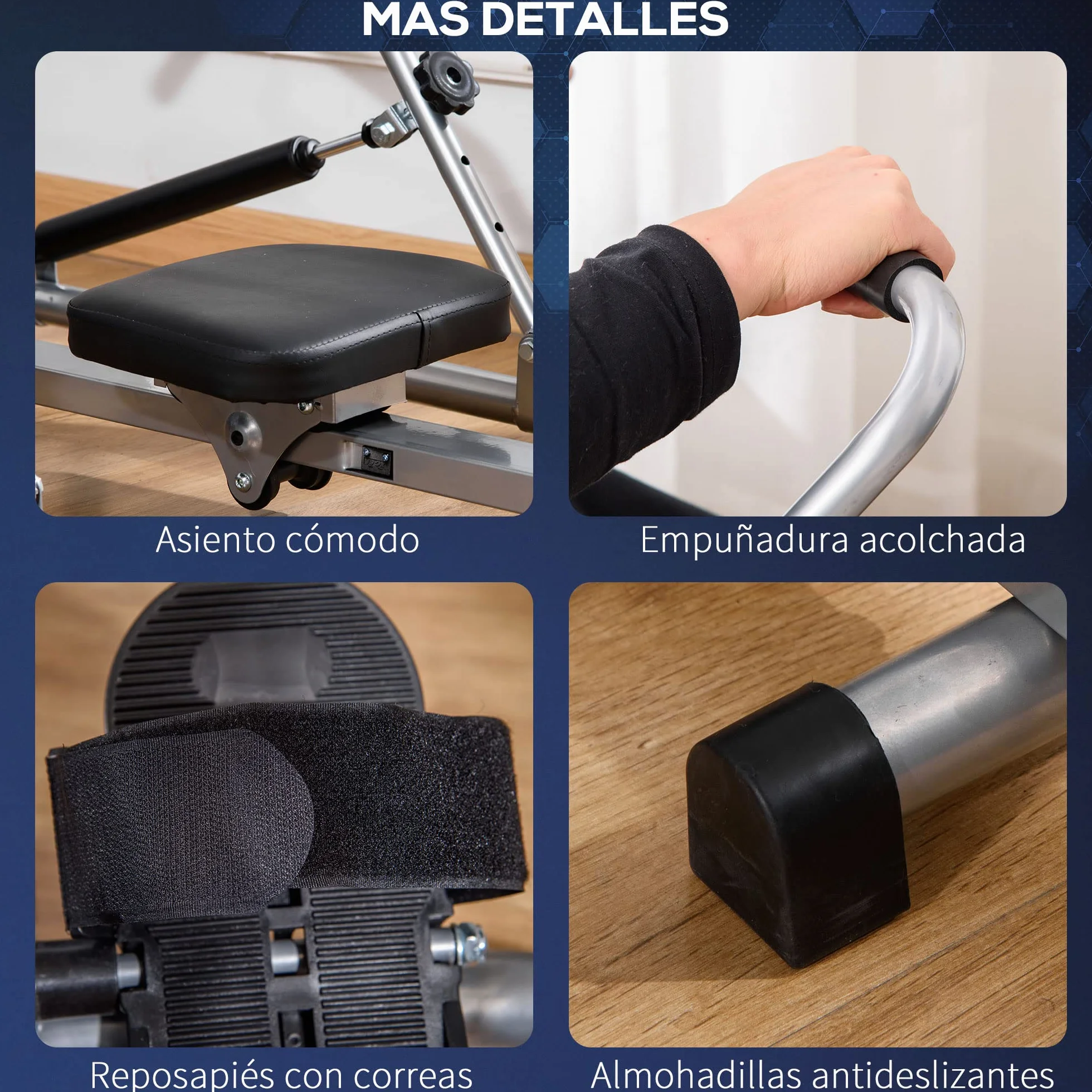 HOMCOM Máquina de Remo Hidráulico Plegable con 3 Niveles de Resistencia Monitor Digital y Pedal Antideslizante para Fitness en Casa Acero 129x70x70 cm Negro y Plata