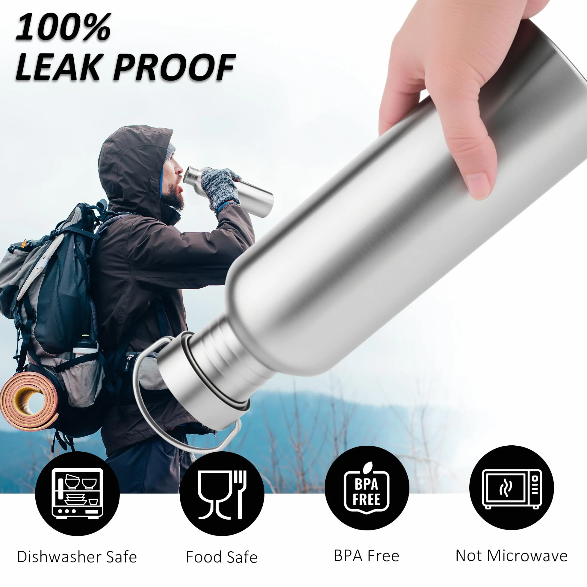 Botella Agua Acero Inoxidable 1000ML (1 Litro) - Cantimplora Acero Inoxidable Sin BPA, Reutilizable Ligera y Sin Fugas, Dos Tapas para Gym, Gimnasio, Deporte, Oficina y Niños