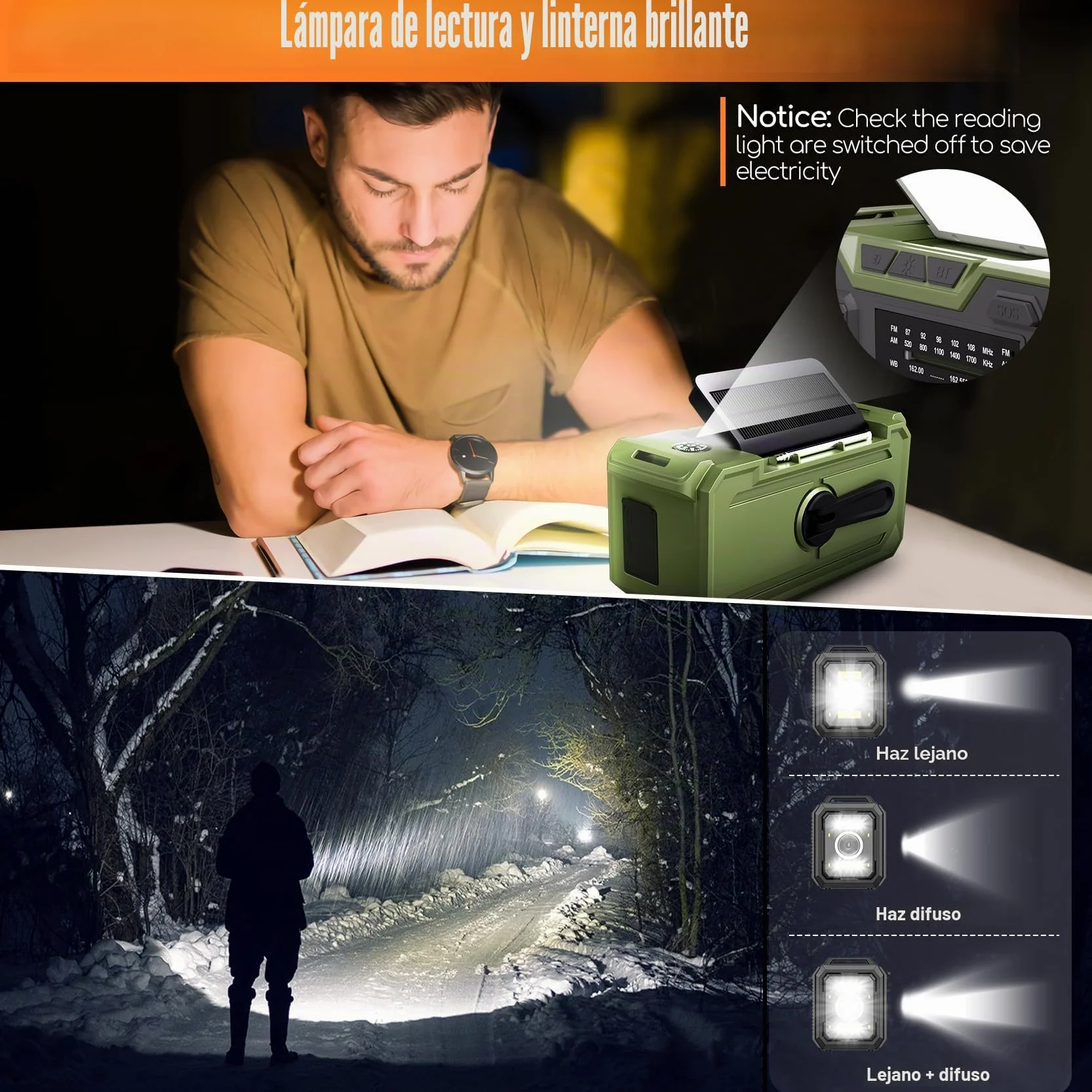 Radio Solar de Emergencia 27000 mAh FM/AM con Alarma SOS y Lámpara, Carga Móvil y Bluetooth (Verde)