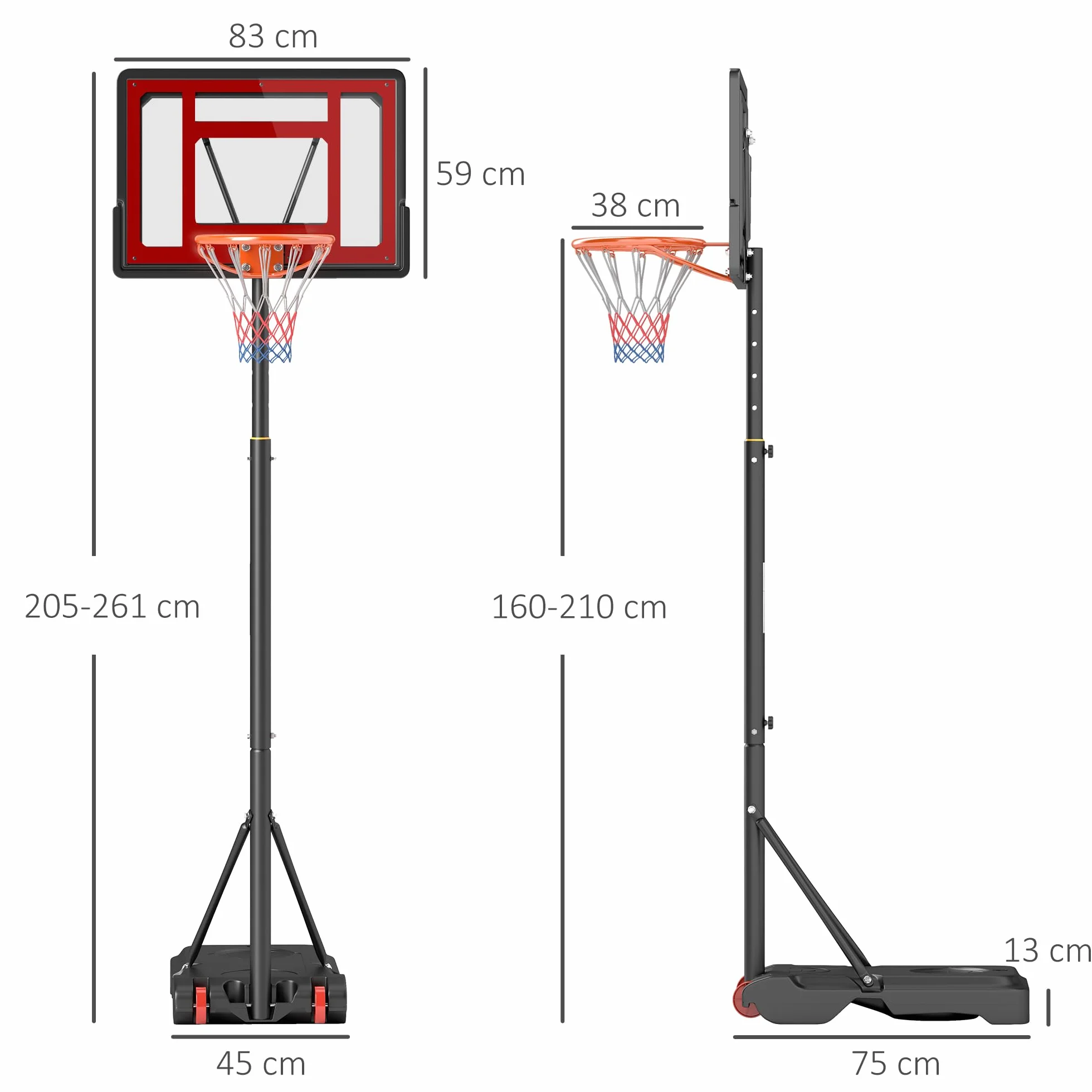 HOMCOM Canasta de Baloncesto Ajustable 205-261 cm Aro Portátil con Soporte de Acero Base Rellenable 2 Ruedas Transporte Rojo Negro