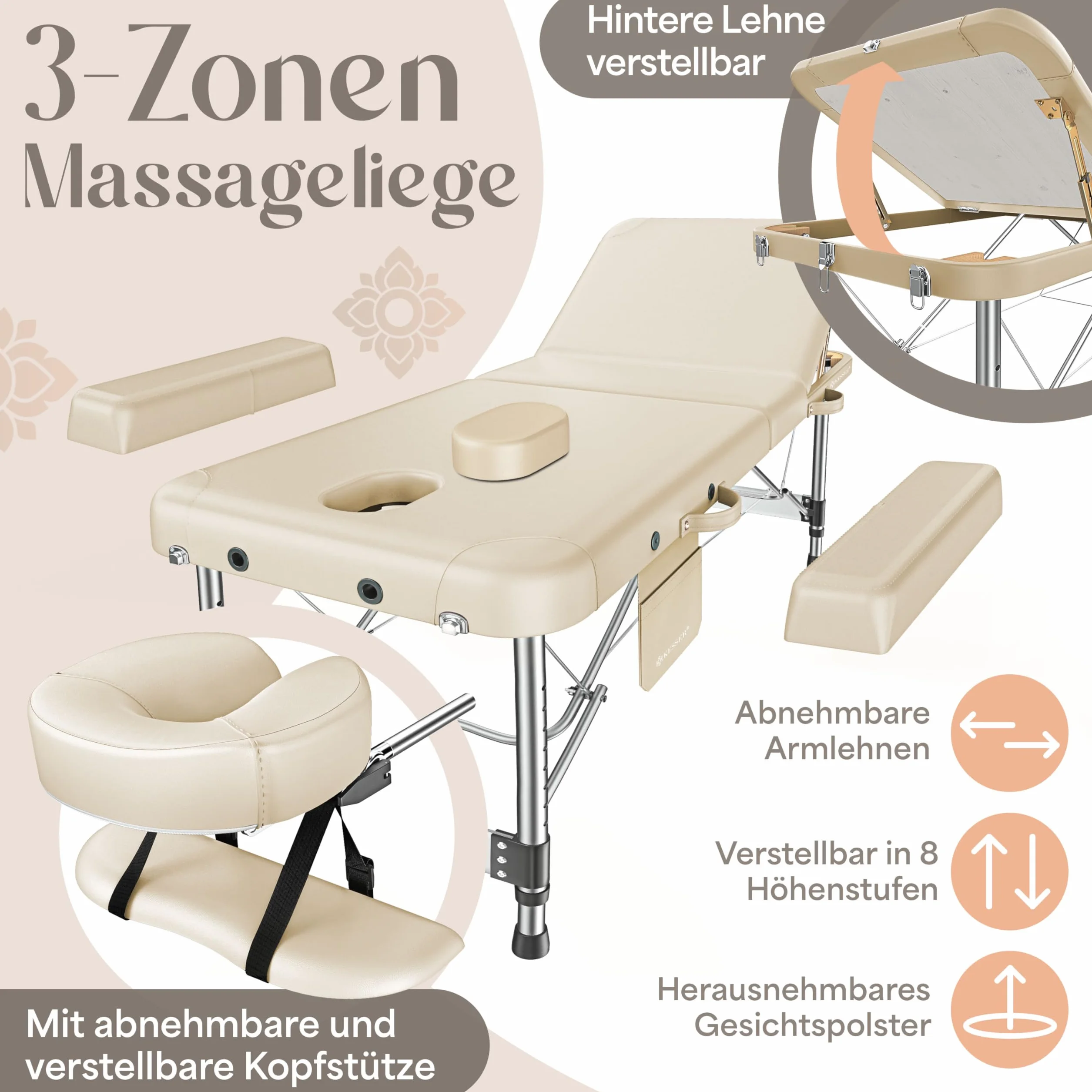 KESSER Camilla de Masaje Plegable Ajustable en Altura 3 Zonas Aluminio + Reposacabezas