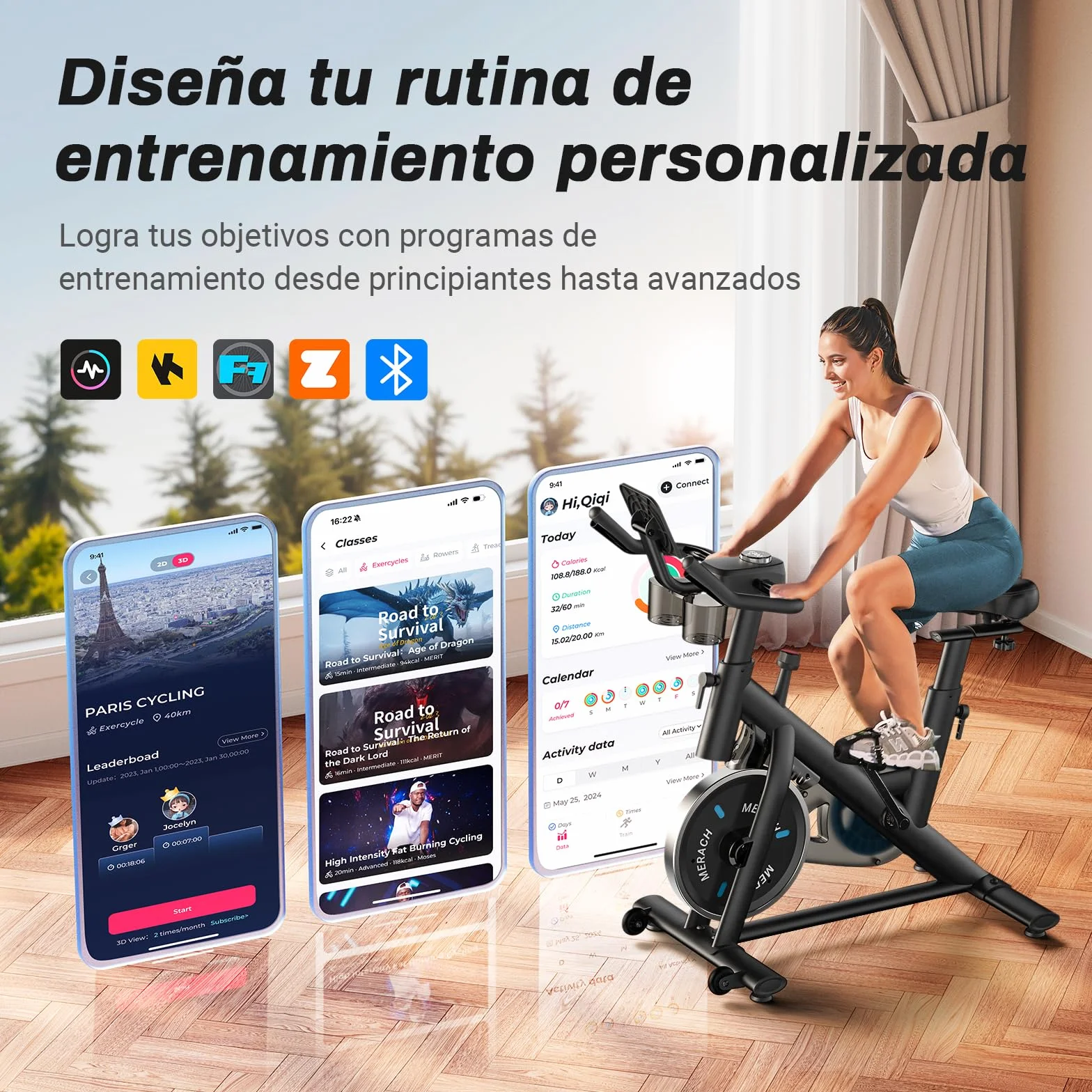 MERACH Bicicleta Estática en Casa con Resistencia Ajustable, Bicicleta Estatica Silenciosa con Monitor LED, Cómodo Cojín de Asiento, App Propia, Capacidad de 136 kg, Entrenamiento Aeróbico