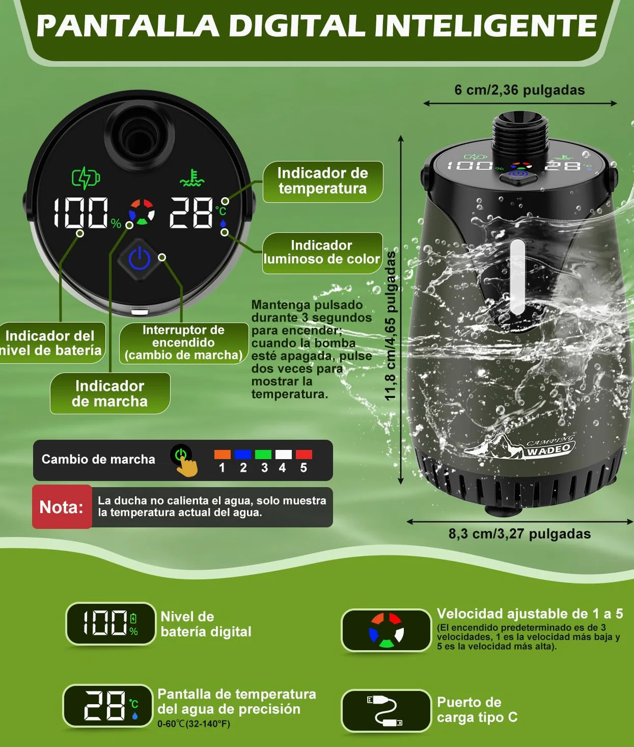 WADEO Ducha de Camping con batería de 6000 mAh, Bomba y depósito de Agua de 20 l, Kit de Ducha para Exteriores con función de Calentamiento, Ideal para Viajes, Lavado de Coches, y emergencias