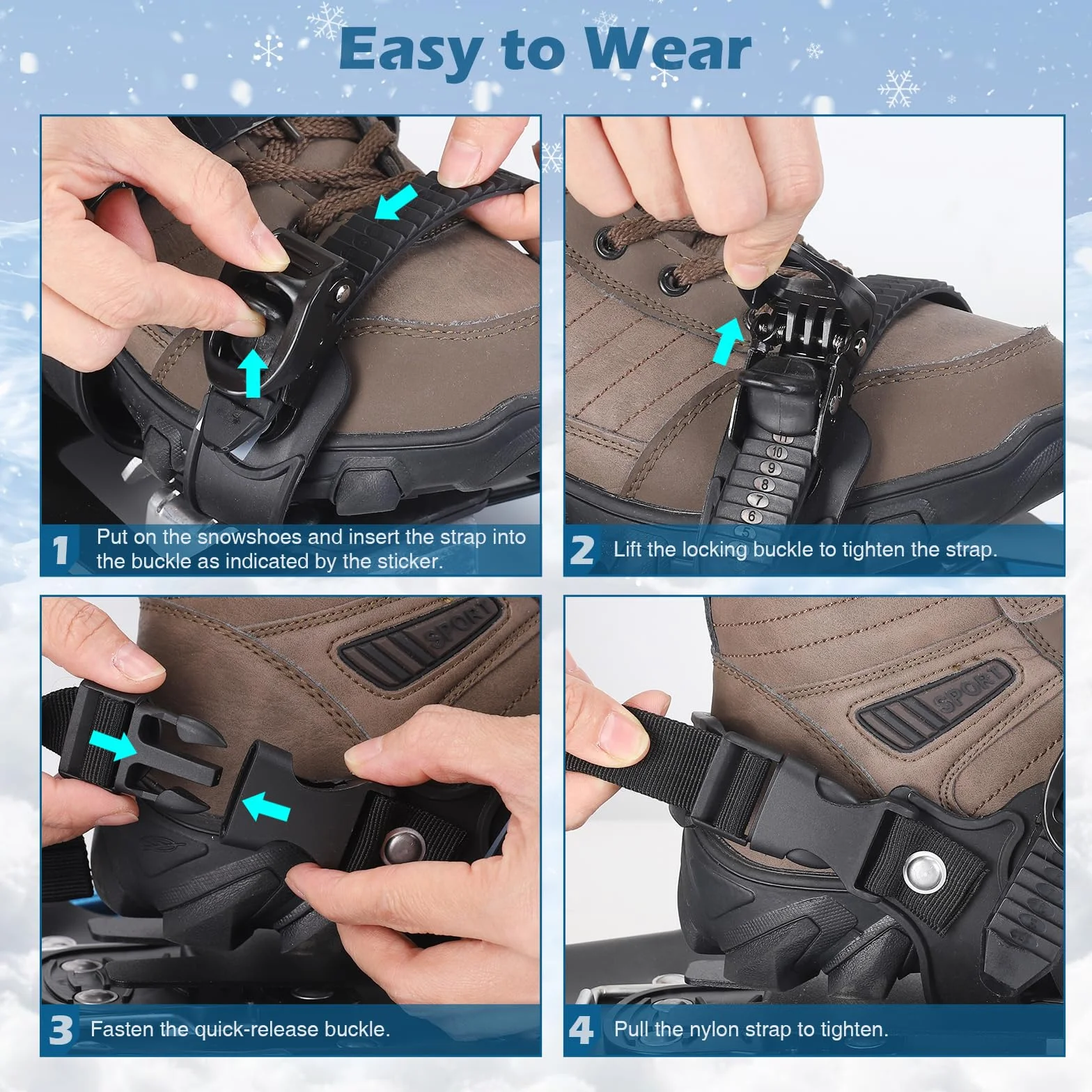 Kit de Raquetas de Nieve 4 en 1, Aluminio Ligeras, Bastones Ajustables, Polainas Impermeables, Bolsa Transporte (Azul, 53cm)