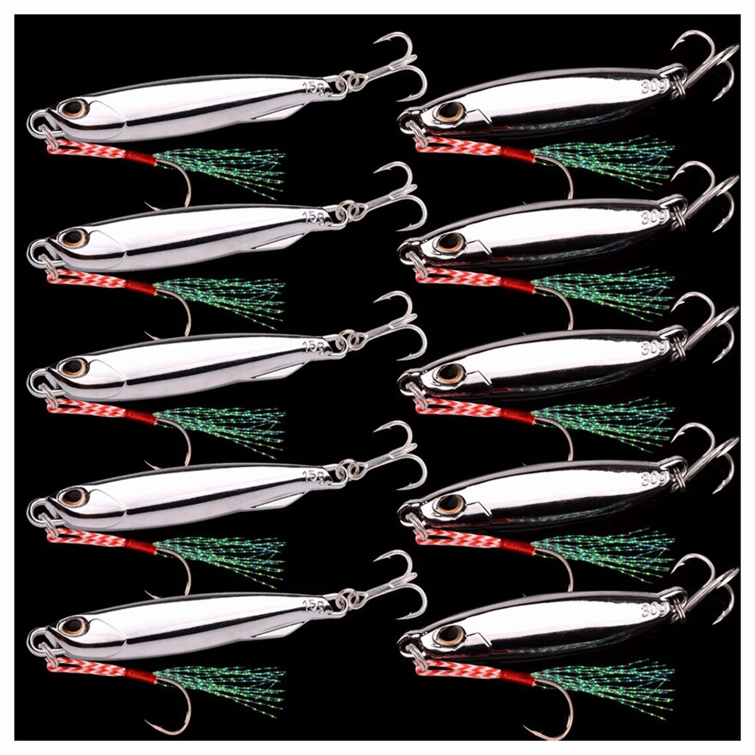 XILILHC Lote De 10 Cucharas De Metal Fundido, 10g, 15g, 20g, 30g, 40g | Juego de señuelos con anzuelo, señuelo de pesca de lubina, cebo Artificial
