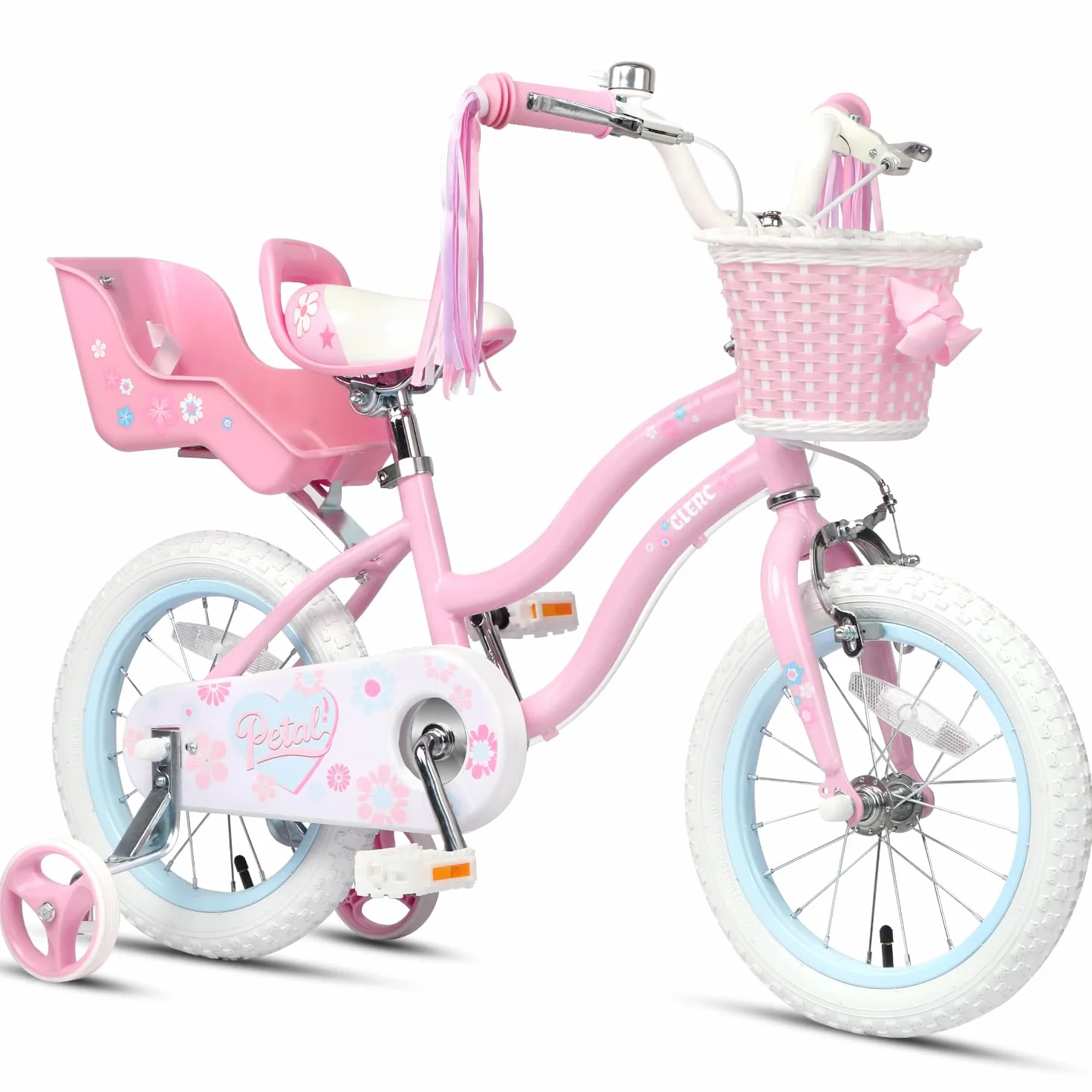 Glerc Bicicleta Infantil 12 14 16 Pulgadas Estilo Princesa para Niñas 2-8 Años con Pompones Cesta Ruedines Rosa Azul Lila Melocotón