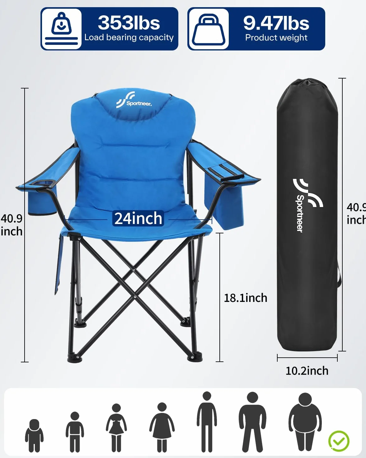 Sportneer Silla Plegable Camping hasta 160 kg, Sillas Camping Plegables 3 ángulos Ajustables, con Respaldo, reposacabezas y Bolsa de Transporte