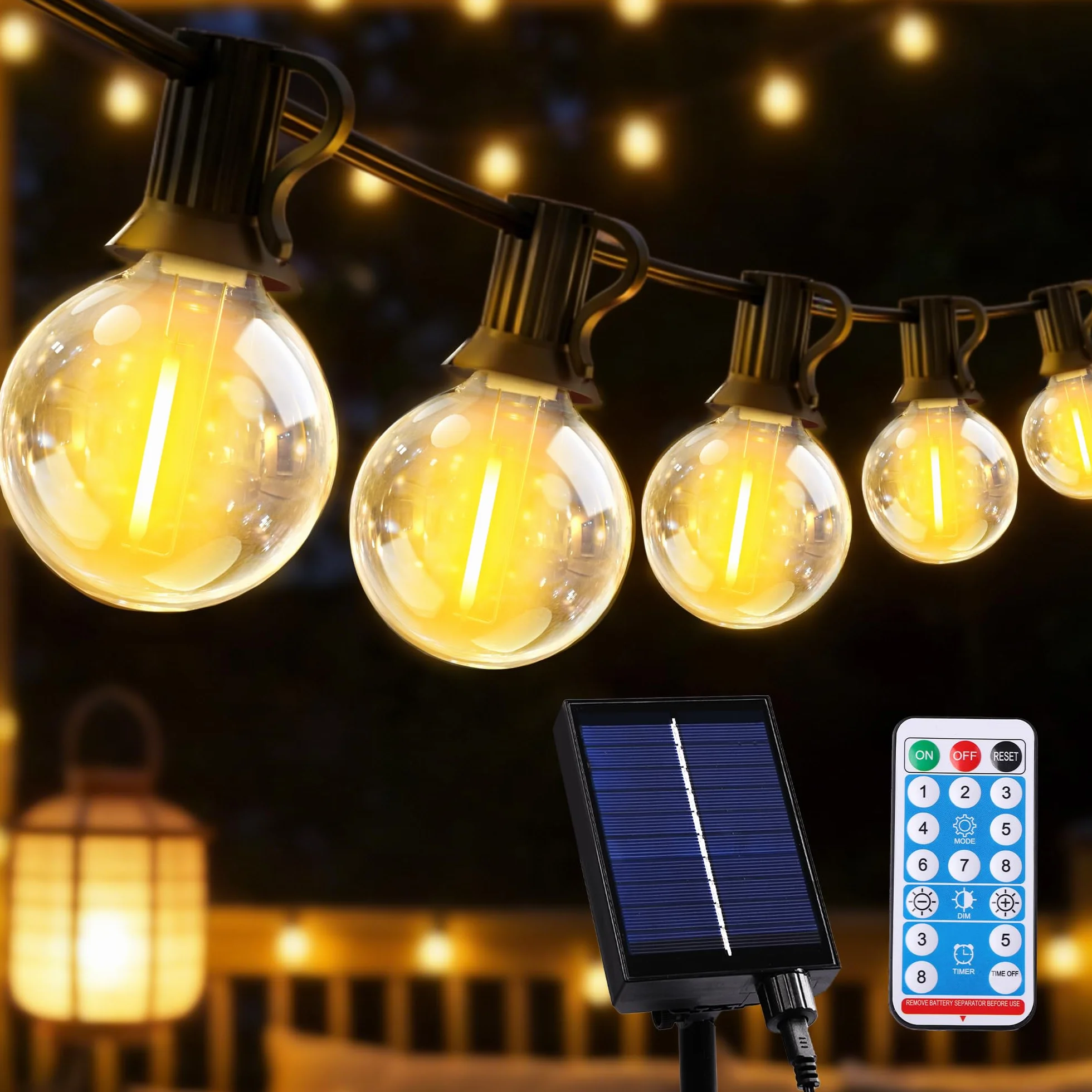 Guirnaldas Luces Exterior Solar 10M LED 15+1 Bombillas 8 Modos Impermeable con Control Remoto para Jardín Patio