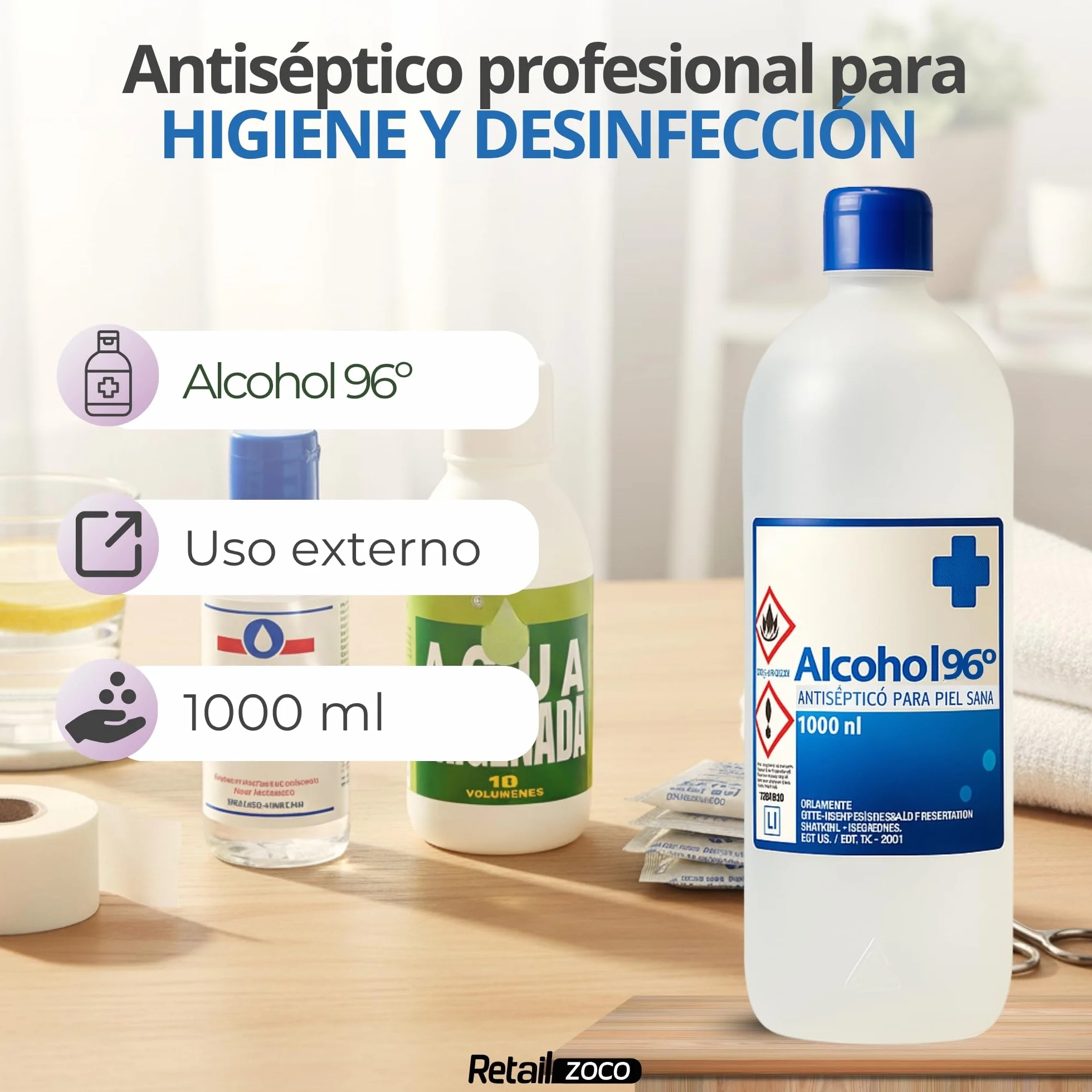 Alcool 96º Etanol 1000 ml Antiseptico Desinfectante Manos Tapón Seguridad