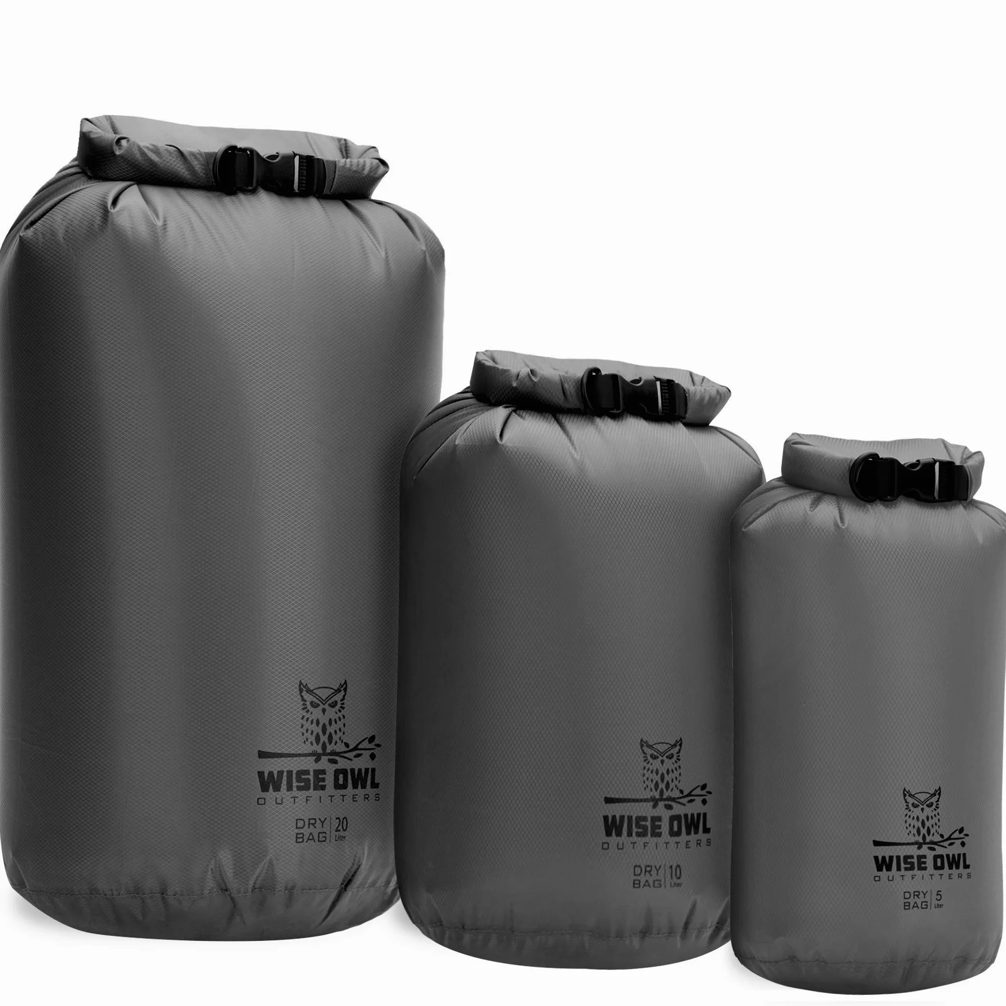 Wise Owl Outfitters Paquete de 3 bolsas impermeables ligeras y herméticas de 5L/10L/20L, bolsas secas pequeñas y grandes para kayak, playa, viajes, canotaje, senderismo