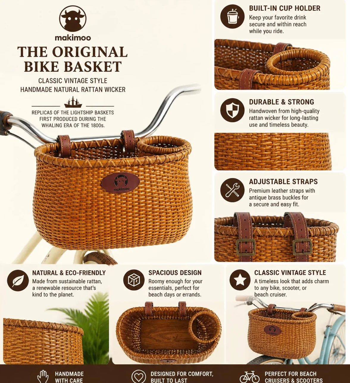 Cesta de mimbre para bicicleta de mujer con portavasos, estilo vintage