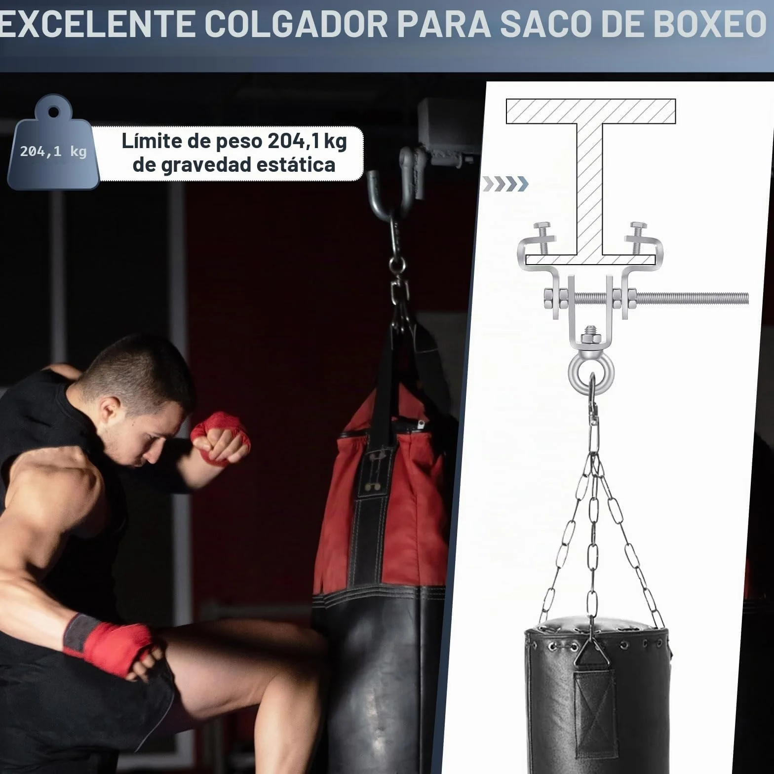 2 piezas Abrazadera Ajustable de Acero – Soporte para Saco de Boxeo, para Cargas Pesadas de Hasta 204 kg, Soporte Saco Boxeo Suelo Techo, Ajustable para Viga de 65 mm a 225 mm