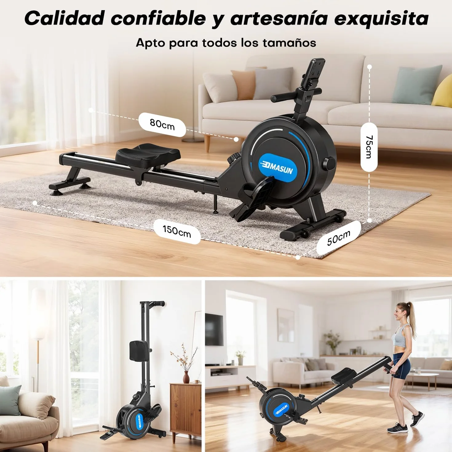 Máquina de Remo para Casa, 16/32 Niveles de Resistencia, Remo Magnético Silencioso con App Corriente Principal, Rieles Dobles Mejorados para Mayor Estabilidad + Negro + Azul
