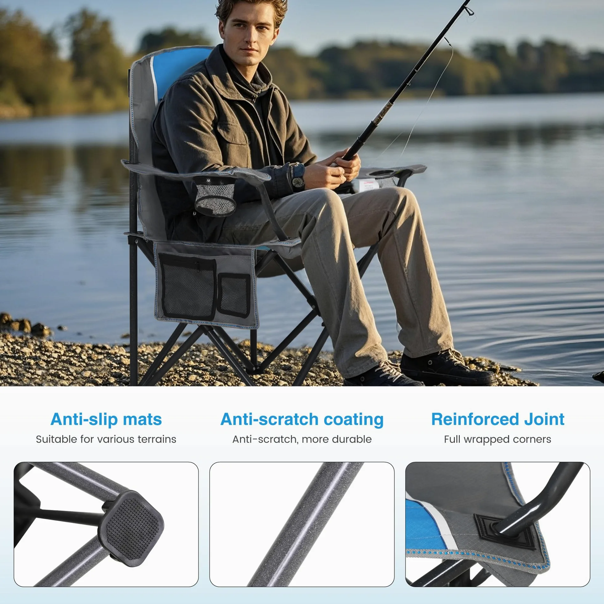 LET'S CAMP Silla plegable para camping, hasta 160 kg | Con soporte para bebidas, bolsa de transporte XL, silla plegable, color azul