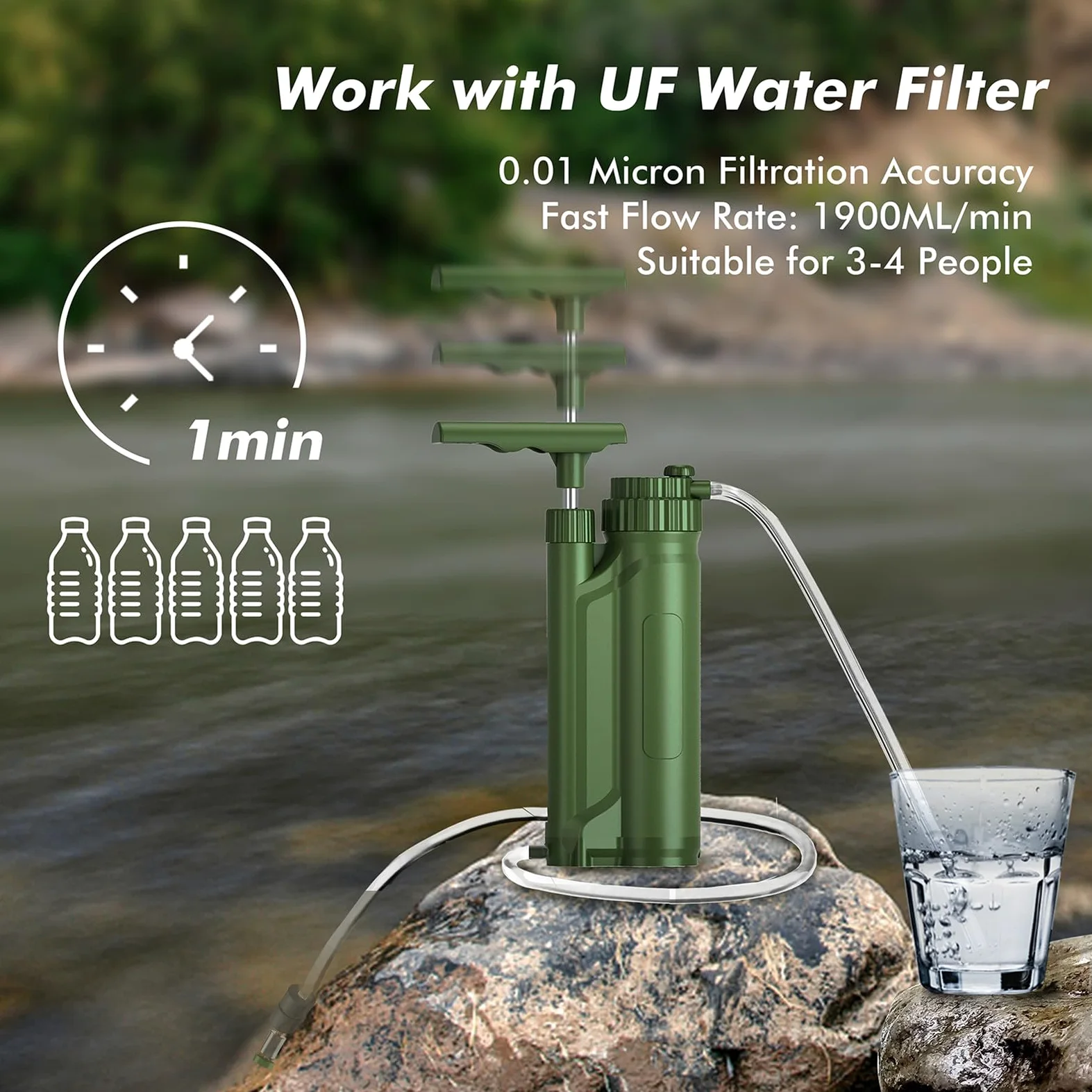 Bomba de Filtro de Agua Portátil, Sistemas de Purificación de Agua para Exteriores de Membrana UF con Vida útil de 8000L Caudal Rápido para Acampar Senderismo Mochilero (Filtro UF)