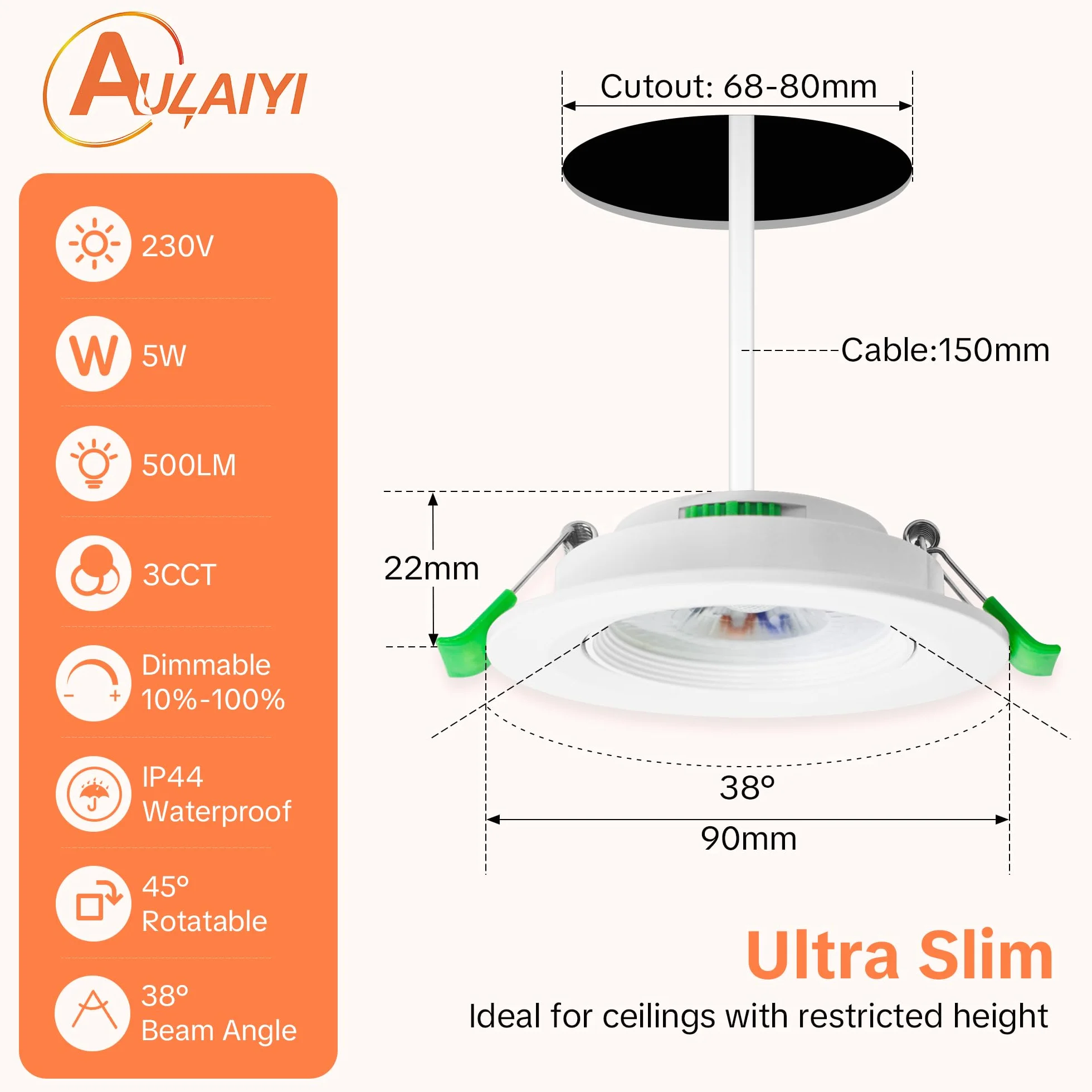 Downlight LED Techo Regulable 230V 5W 500LM IP44 Blanco Cálido Neutro Frío Corte 68-80mm 3 Pack