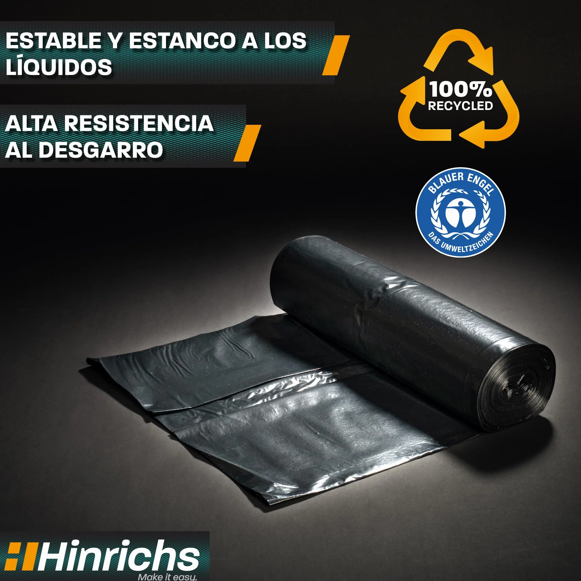 Hinrichs Bolsas de Basura Extrafuertes 240L 100x125 cm Rollo 15 uds Plástico reciclado LDPE