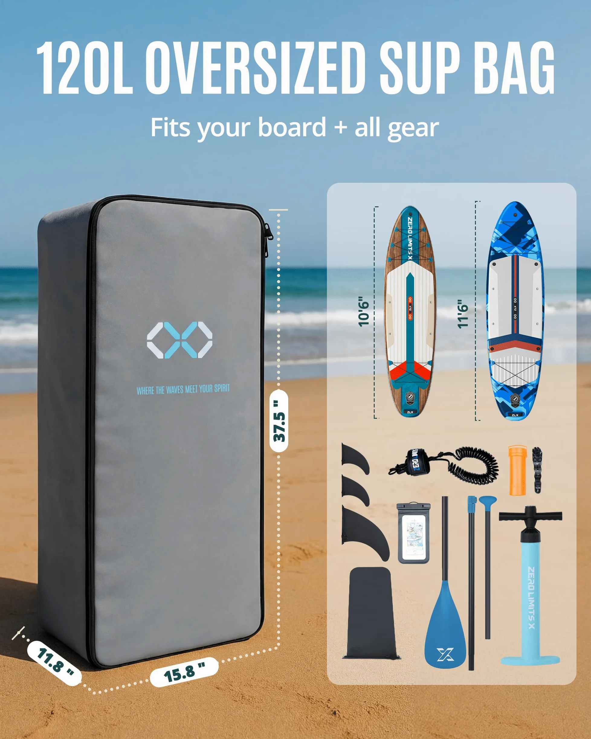 ZLX Mochila Paddle Surf Hinchable 100L, Bolsa Transporte Sup con Correas Ergonómicas Acolchadas, Mochila Tabla Paddle Surf Impermeable para Paddleboard con Gran Capacidad