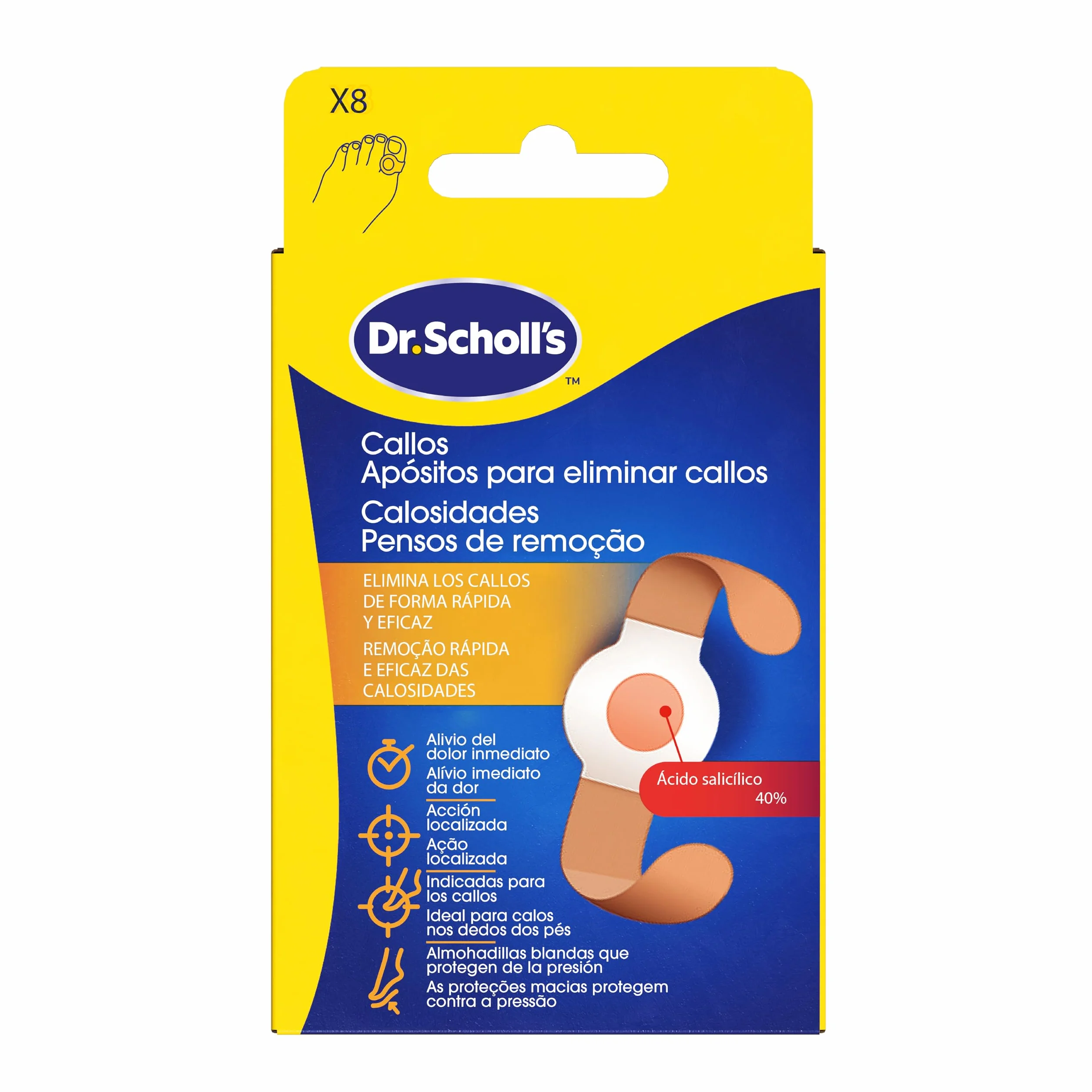 Dr. Scholl's Apósitos para eliminar callos x8, eliminador de callos en los pies, alivio inmediato del dolor, ácido salicílico