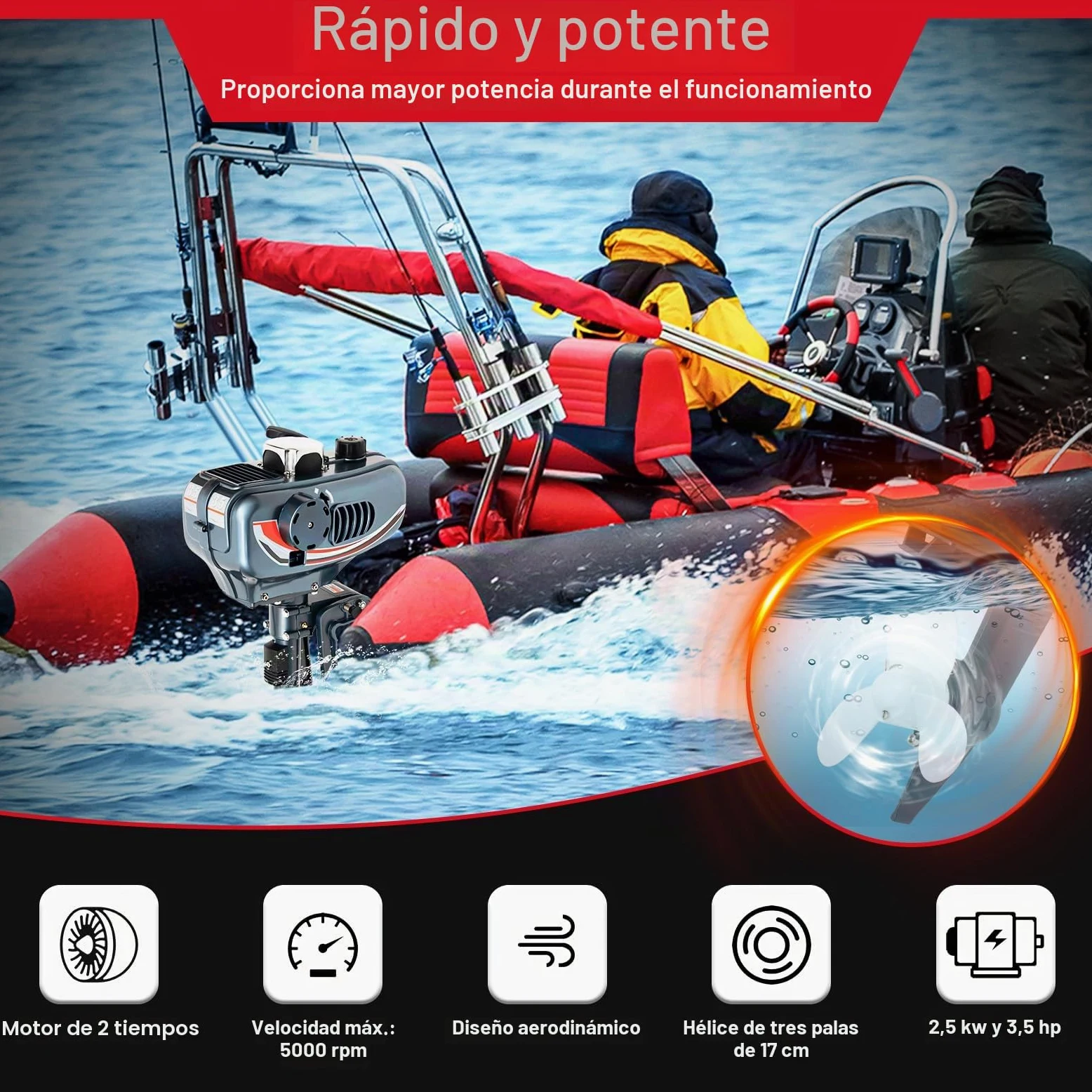 Motor fueraborda 3,5 CV 2 tiempos – 49ccm de eje corto con arranque manual, refrigeración por agua y aire, para bote inflable y barco de pesca