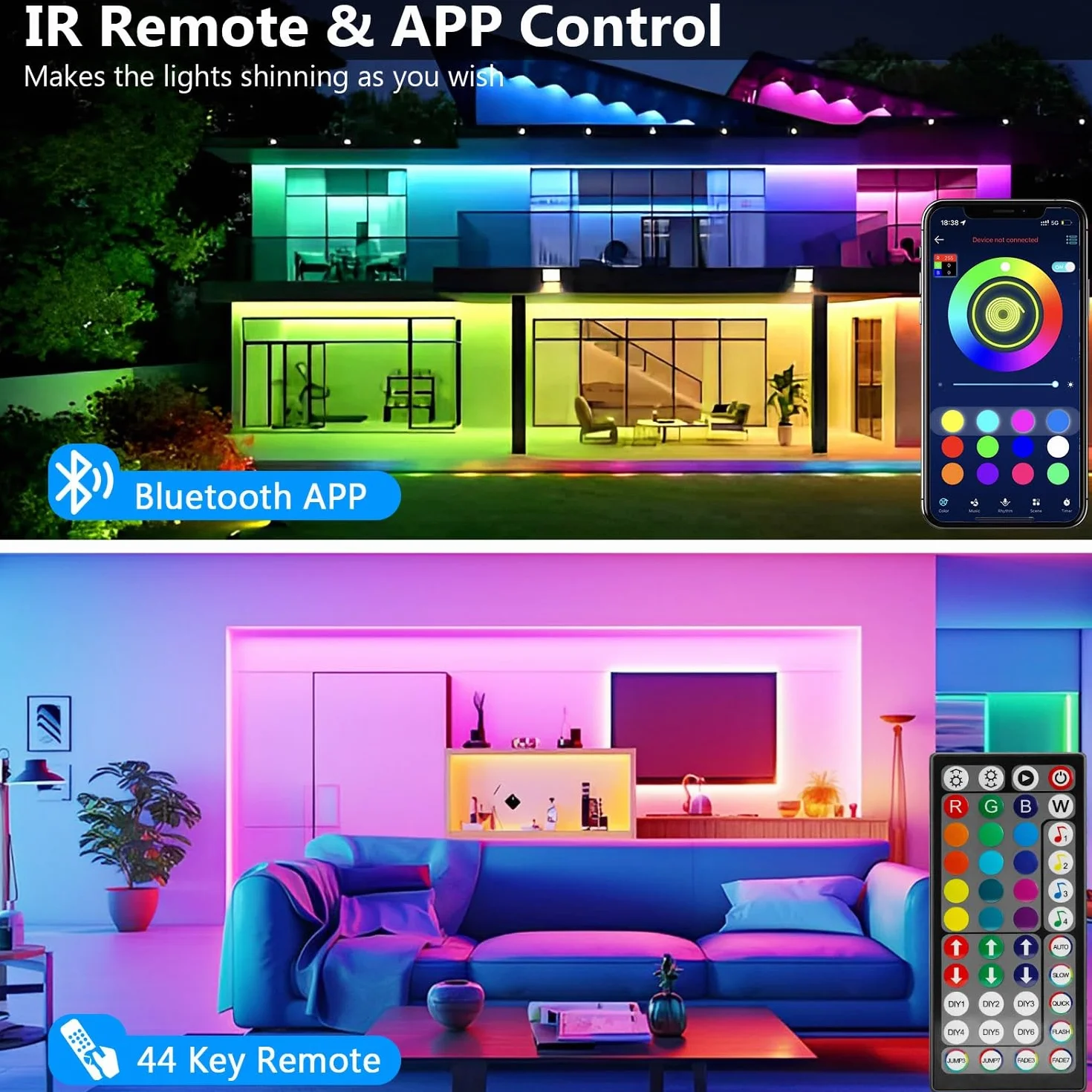 Goffii Tira LED 15 Metros, Luces LED Habitacion RGB Bluetooth con Control Remoto y APP, Cambia Color con Musica para Decoracion