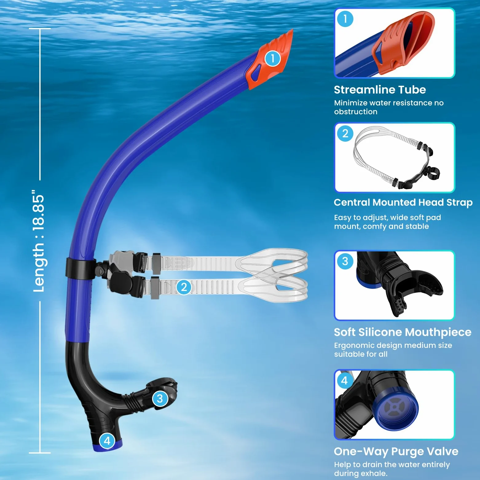 Snorkel Lap Natación Nadador Entrenamiento Buceo Snorkeling para Piscina Aguas Abiertas, Azul