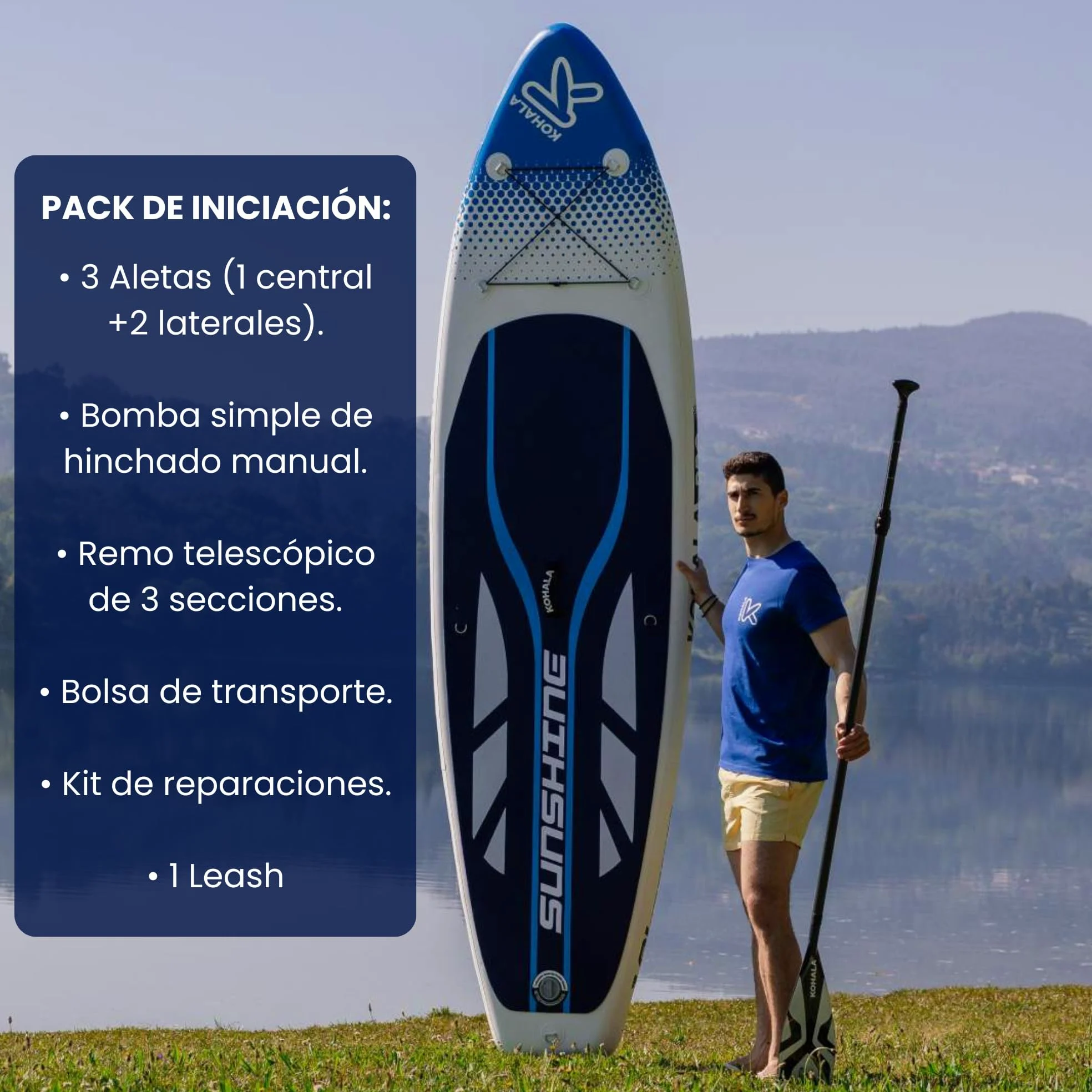 KOHALA Tabla Paddle Surf Hinchable Sunshine 10’ (305 x 81 x 12) cm | Pack Pro Completo con Remo, Bomba, Mochila, Leash y Aletas | Paddle Surf Fusion Ligera y Resistente