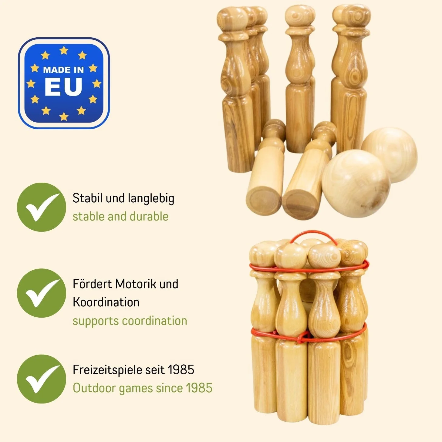 GICO Juego de Conos de Bolos de Madera para niños y Adultos, diversión en Interiores y Exteriores, con Productos de Calidad de Madera Maciza, 24 cm – 3018