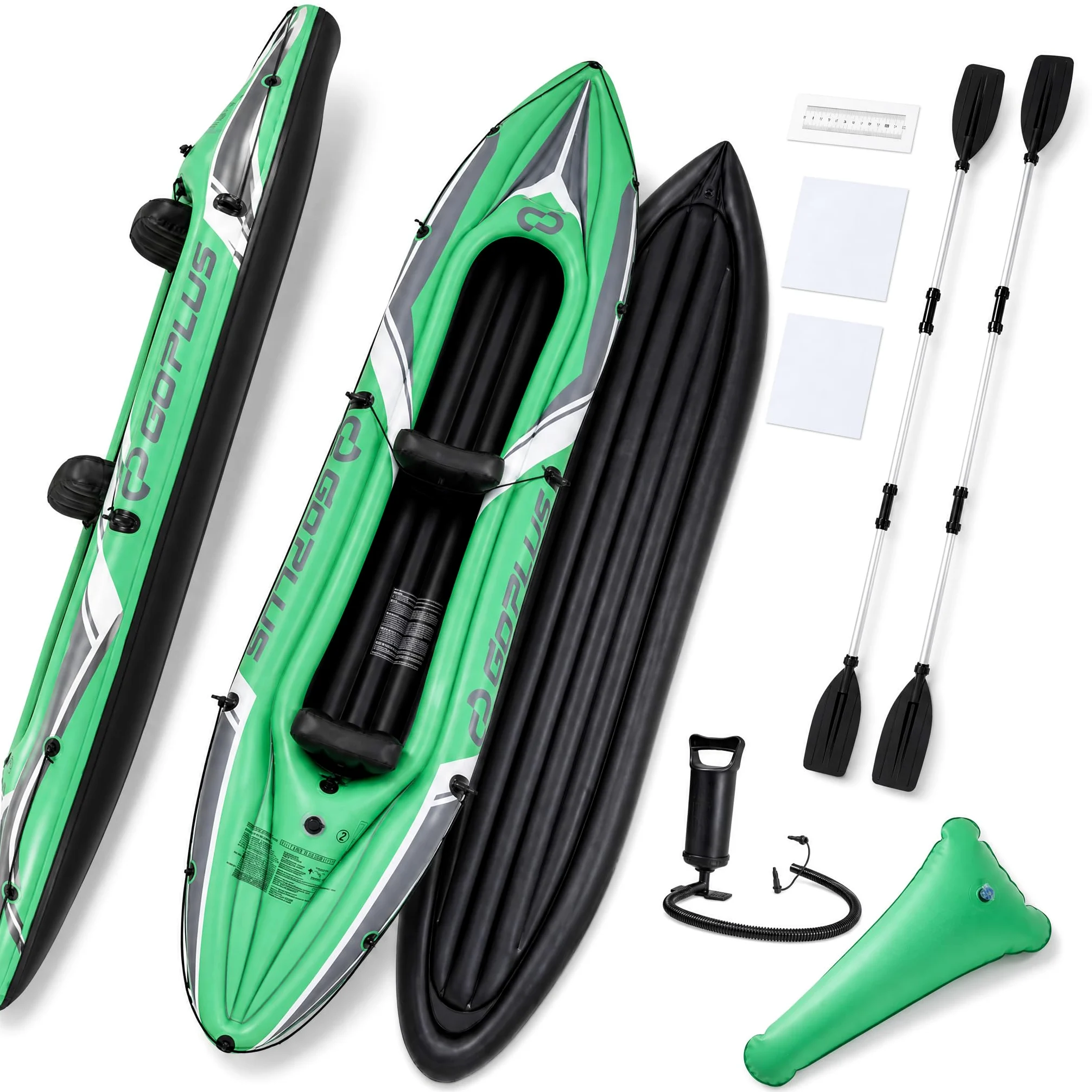 GOPLUS Kayak Hinchable para 2 Personas con Remos | Barca Inflable para Pesca con 2 Asientos, Bomba Manual, Regla para Pescar, Carga de 160 kg, Kit de Reparación