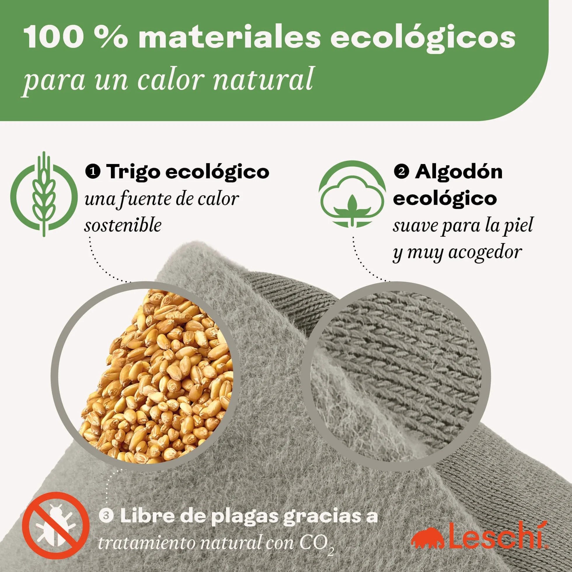 LESCHI XXL Saco Térmico de Semillas para Microondas 50x20cm 8 Compartimentos 100% Algodón Trigo Orgánicos Gris
