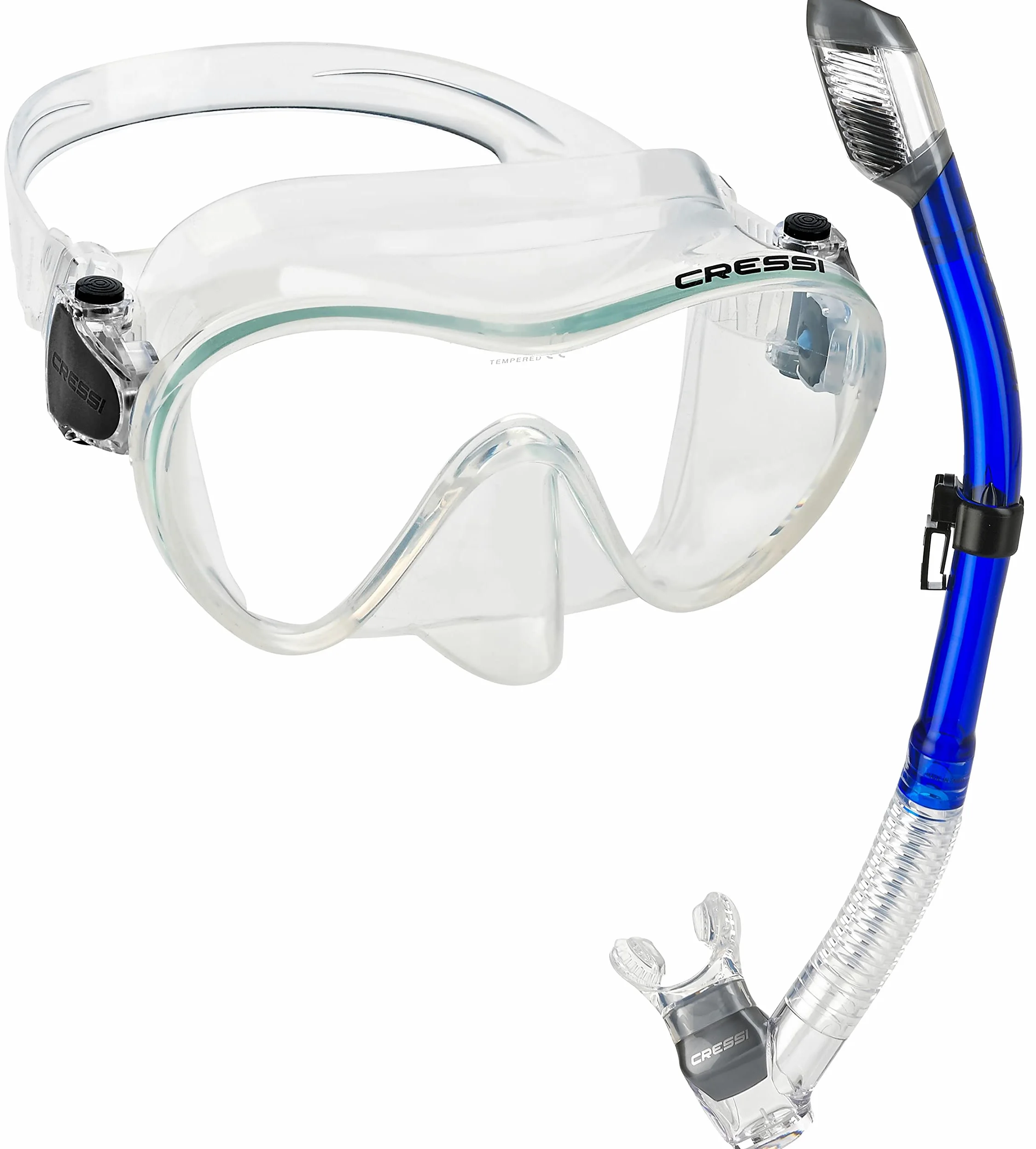 Cressi Kit de buceo de buceo – Máscara de buceo libre y esnórquel seco | F1 y Supernova Seco: Diseñado en Italia, Máscara transparente/Snorkel azul