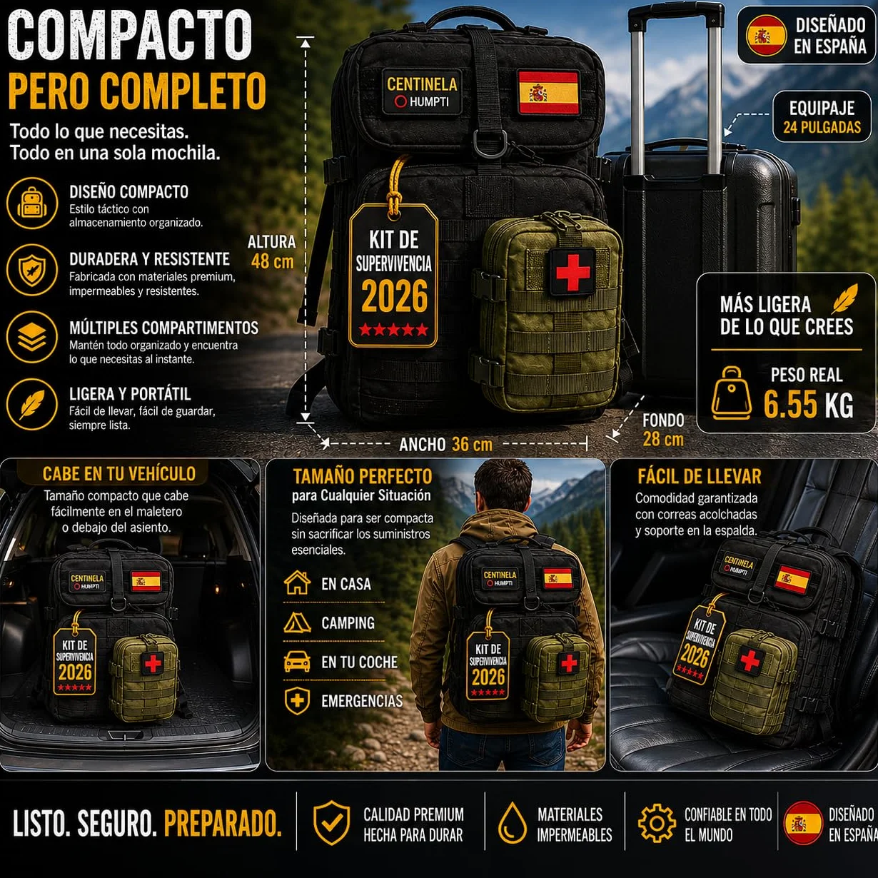 Kit de Supervivencia Completo UE 2026, Mochila Supervivencia 72 Horas Equipada con Camping Gas Portatil, Kit Supervivencia Catastrofe, Botiquín Táctico con Radio Sola, Alicates, Tijeras y Silbato