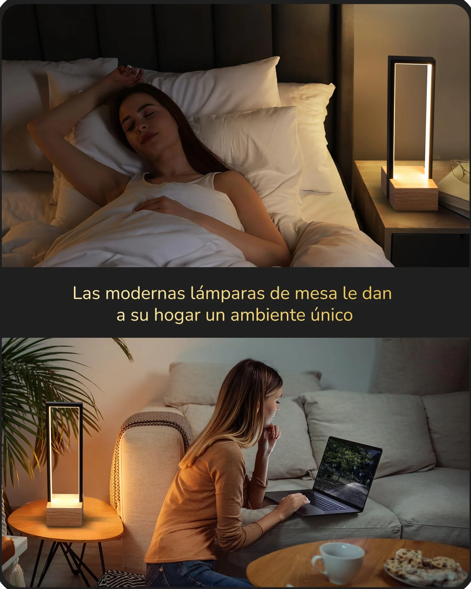 EDISHINE Lámpara de Mesa LED Regulable, 3 Temperaturas de Color 3000K-6000K, Táctil, Aluminio Negro y Madera